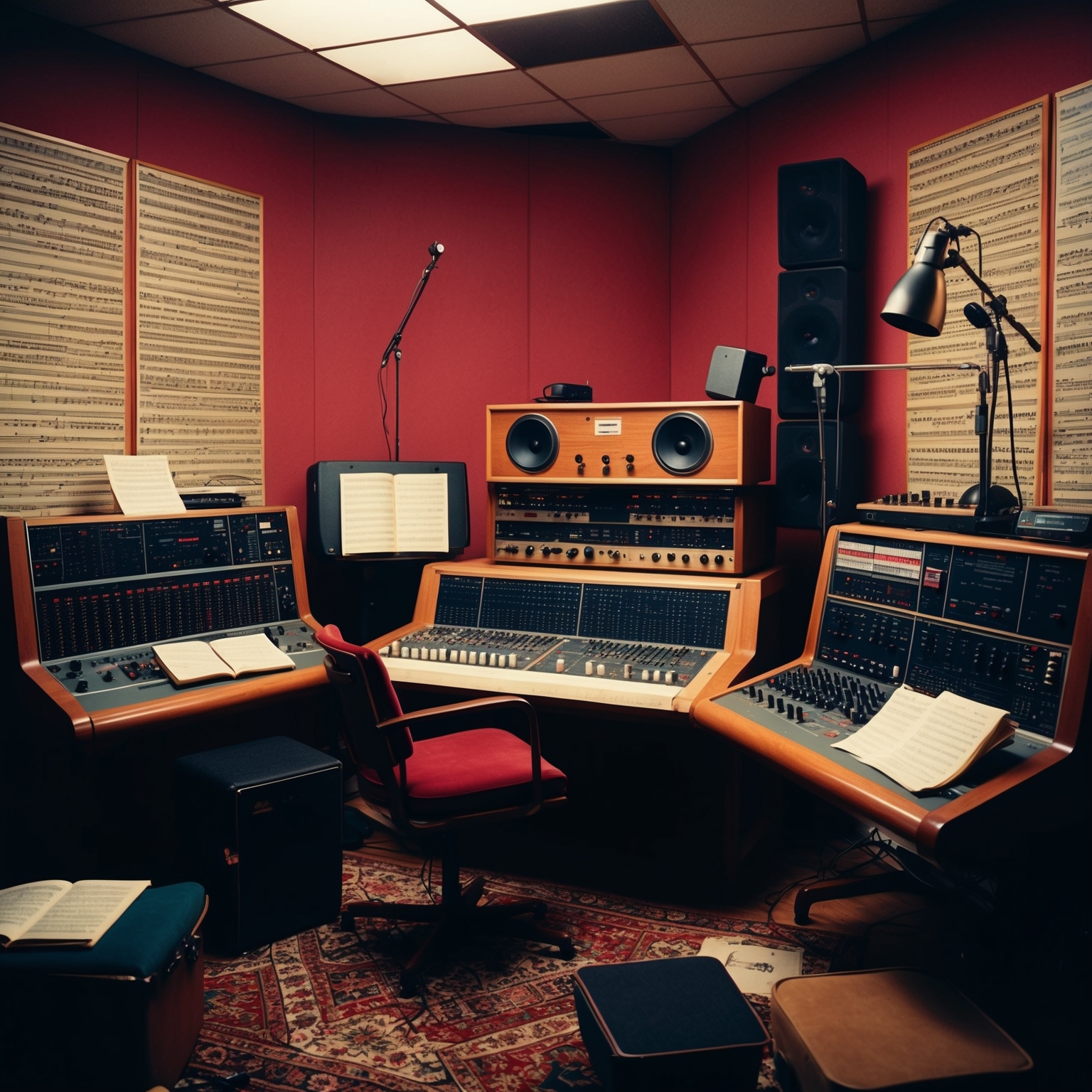 Create an image of a music studio environment in the 1980s, featuring retro recording equipment such as mixers and microphones, with sheet music scattered around. The room should exude a feeling of creativity and nostalgia, capturing the vintage ambiance of Pink Floyd