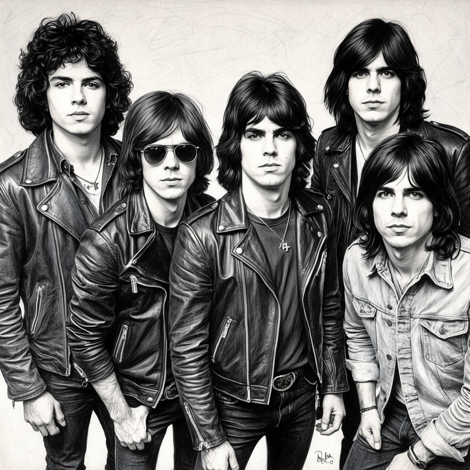 A charcoal, stylistic drawing of the Ramones band. Capture the energy and essence of a punk rock band, in black and white, with a half-finished feel, focusing on the iconic look and vibe of the band members from the late 1970s.