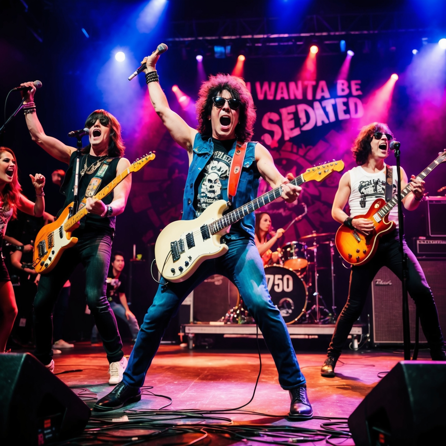 Create an image featuring a vibrant concert scene with punk rock band reminiscent of the Ramones performing energetically on stage. Capture the essence of 1970s punk rock culture with fans passionately engaged in the performance. Include elements like iconic guitars and a dynamic backdrop that echo the timeless and rebellious spirit of the song "I Wanna Be Sedated". The atmosphere should reflect a sense of excitement and nostalgia, reminiscent of classic rock and punk culture.