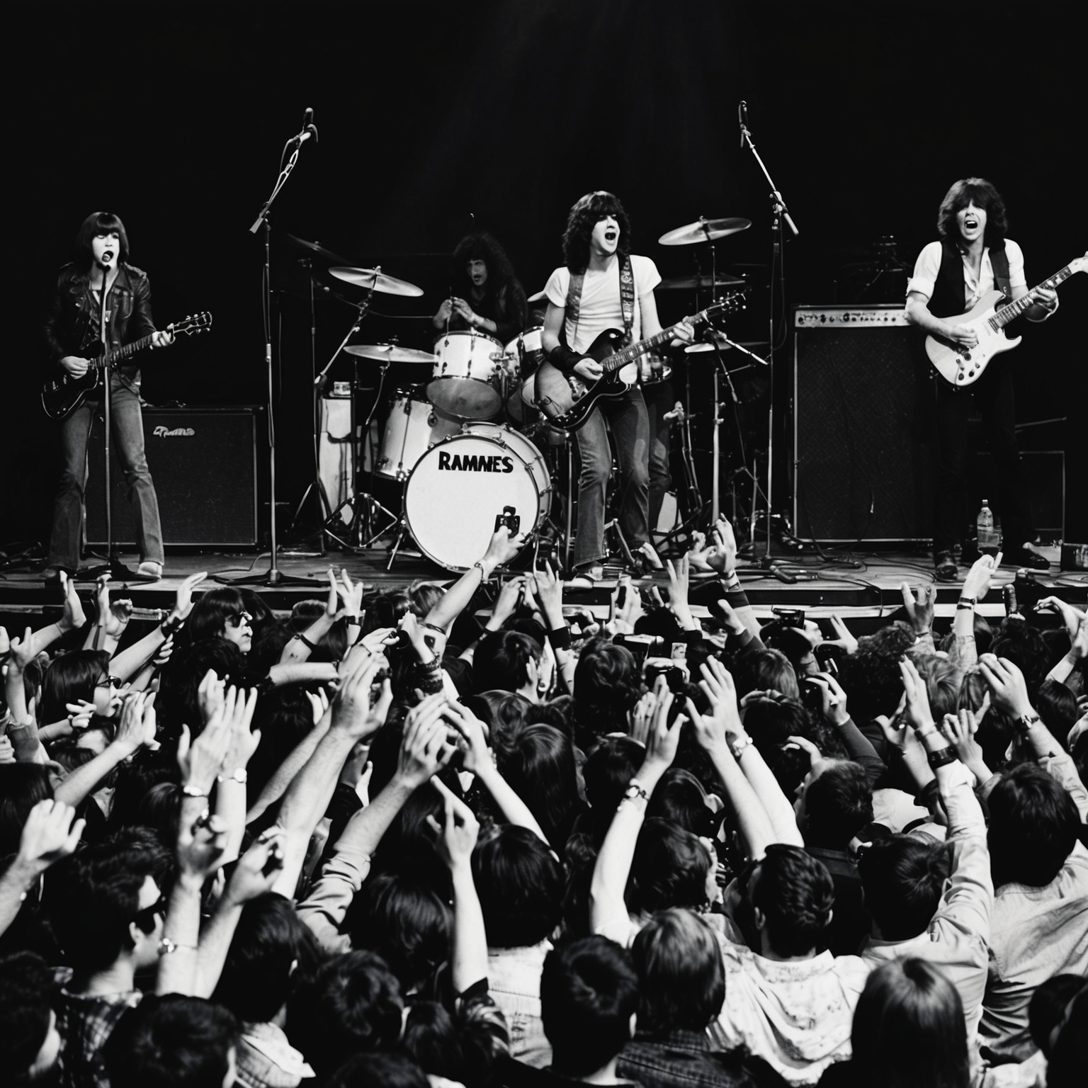 An artistic representation of the iconic punk band Ramones performing live in the late 1970s, capturing the raw energy of their music, with a packed audience displaying expressions of excitement and enthusiasm.