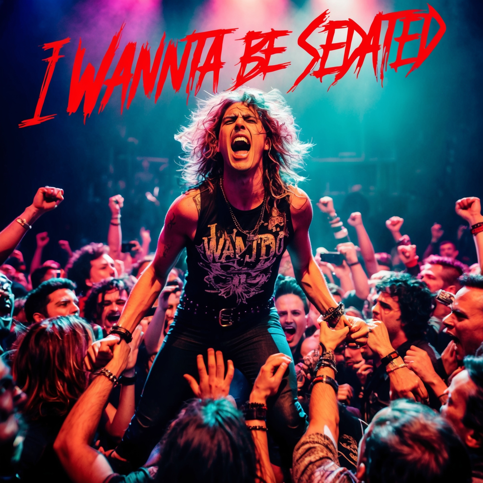 A vibrant, energetic punk rock concert scene capturing the essence of urgency and restlessness. The lead singer passionately in the moment, amidst a chaotic and animated audience, with a visual emphasis on the raw emotions expressed in the song 