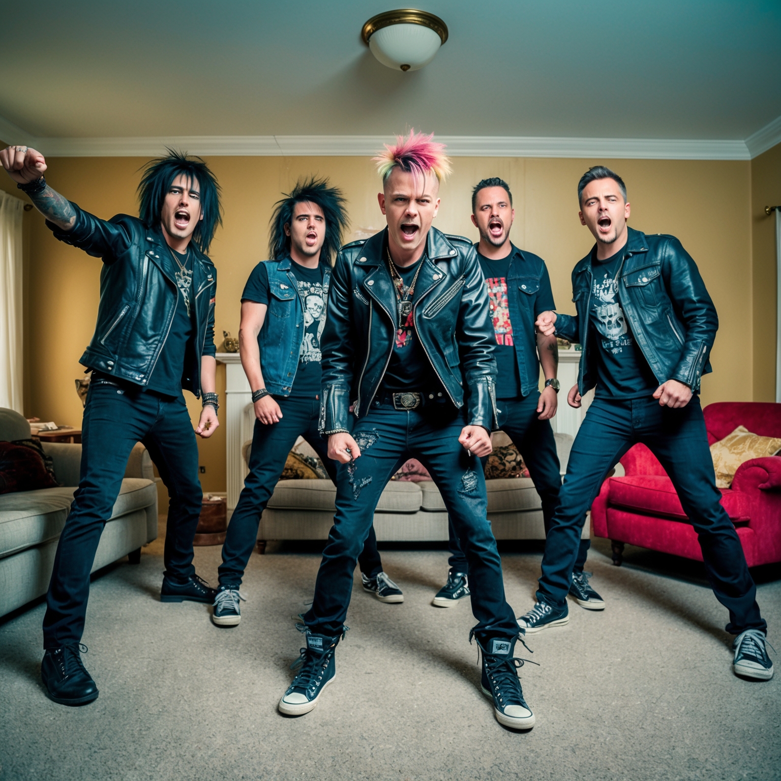 Generate an image portraying a punk rock band in a traditional suburban living room. The band members are dressed in iconic punk attire, such as leather jackets and denim. Capture a sense of energy and rebellion in their expressions and postures. The setting should contrast the band