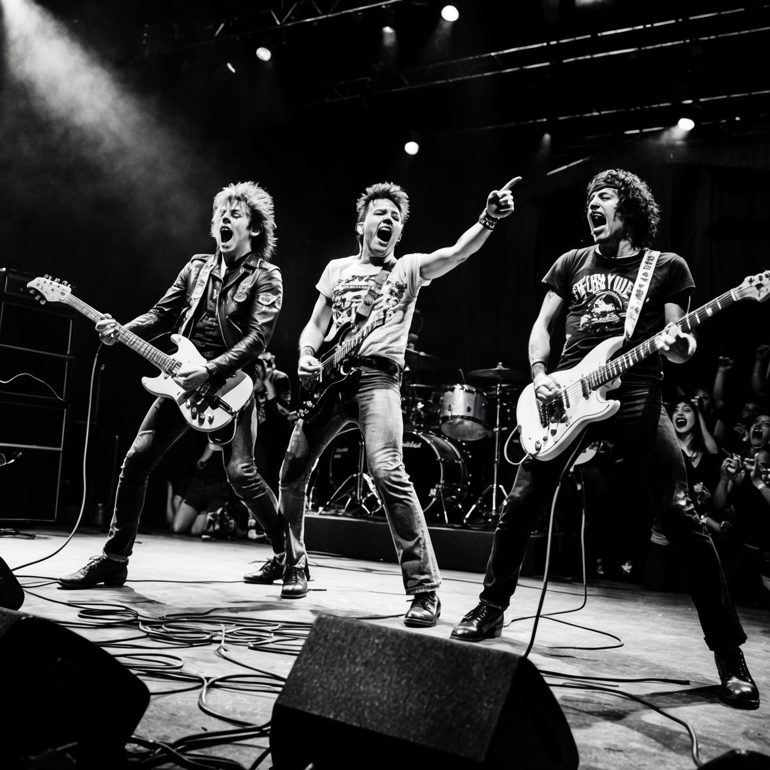 A lively depiction capturing an energetic punk rock band performing on stage, with electric guitars and an enthusiastic audience. The setting is raw and intense, reminiscent of late 1970s punk concerts, featuring a vibrant atmosphere with emphasis on the simplicity and energy of a classic punk rock performance.