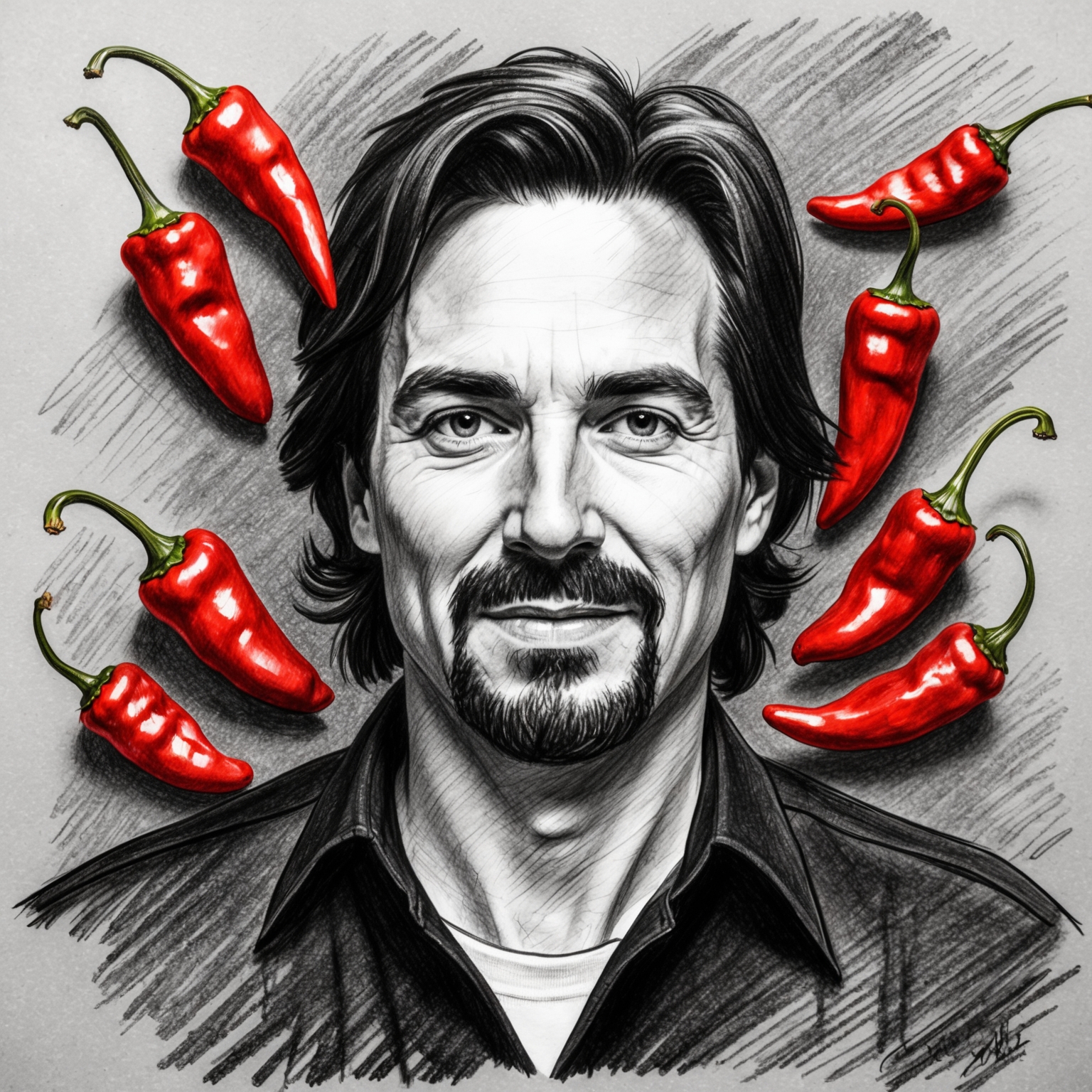 Create a charcoal, stylistic drawing of the Red Hot Chili Peppers, capturing their essence in a black and white portrait with a half-finished feel.