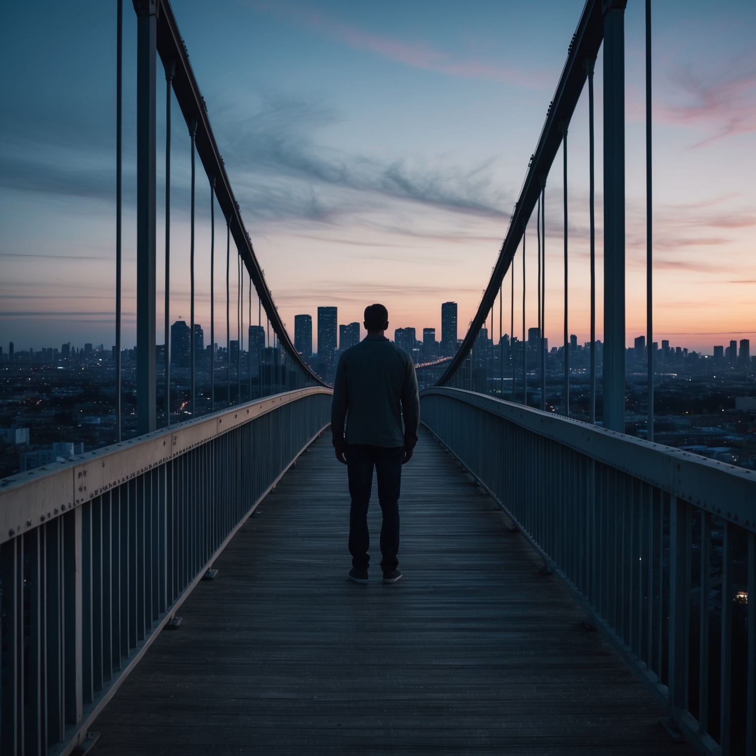 A solitary figure standing on a bridge overlooking a sprawling cityscape at dusk, capturing themes of isolation and belonging within an urban environment.