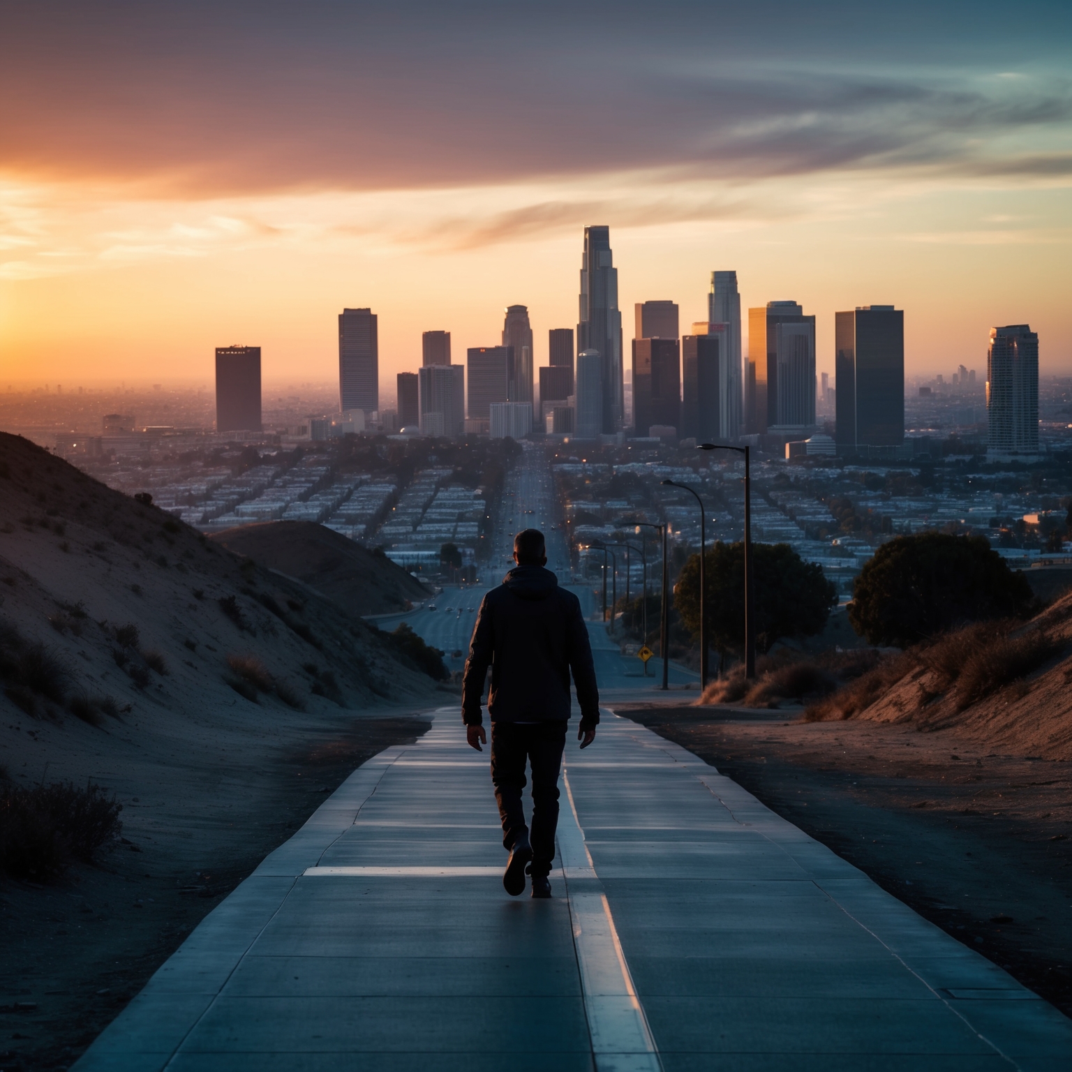 A cinematic depiction of a lone figure walking through an urban landscape at sunset, with an emphasis on isolation and introspection. The cityscape should be iconic and atmospheric, capturing the essence of Los Angeles with towering skyscrapers juxtaposed against natural elements like hills and the sky, creating a sense of solitude amidst a bustling environment.