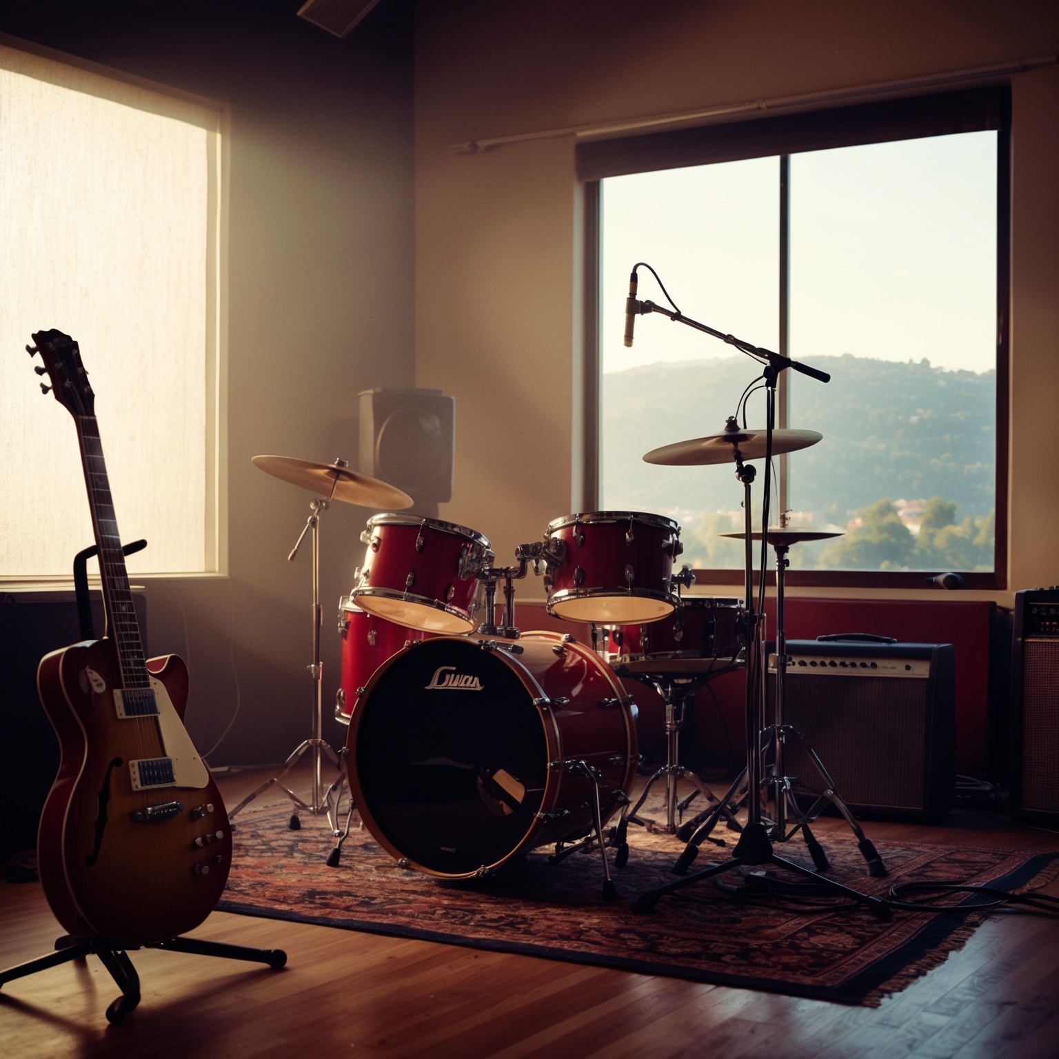 Capture a nostalgic atmosphere of a recording studio in the early 1990s. Focus on elements like a guitar, drum set, and recording equipment. Include a subtle hint of California landscape through a window, reminiscent of the song