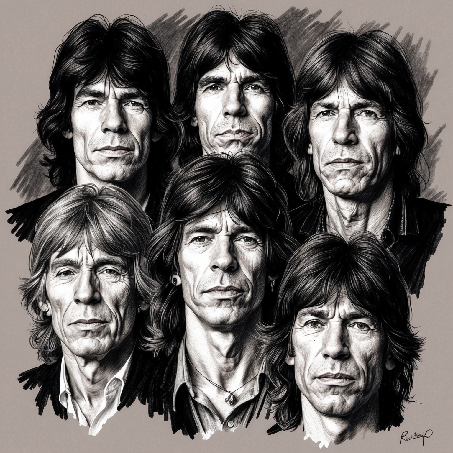 A black and white charcoal portrait of The Rolling Stones, capturing the band members in a stylistic, half-finished style. Emphasize a raw, artistic feel that mirrors their edgy and innovative music.