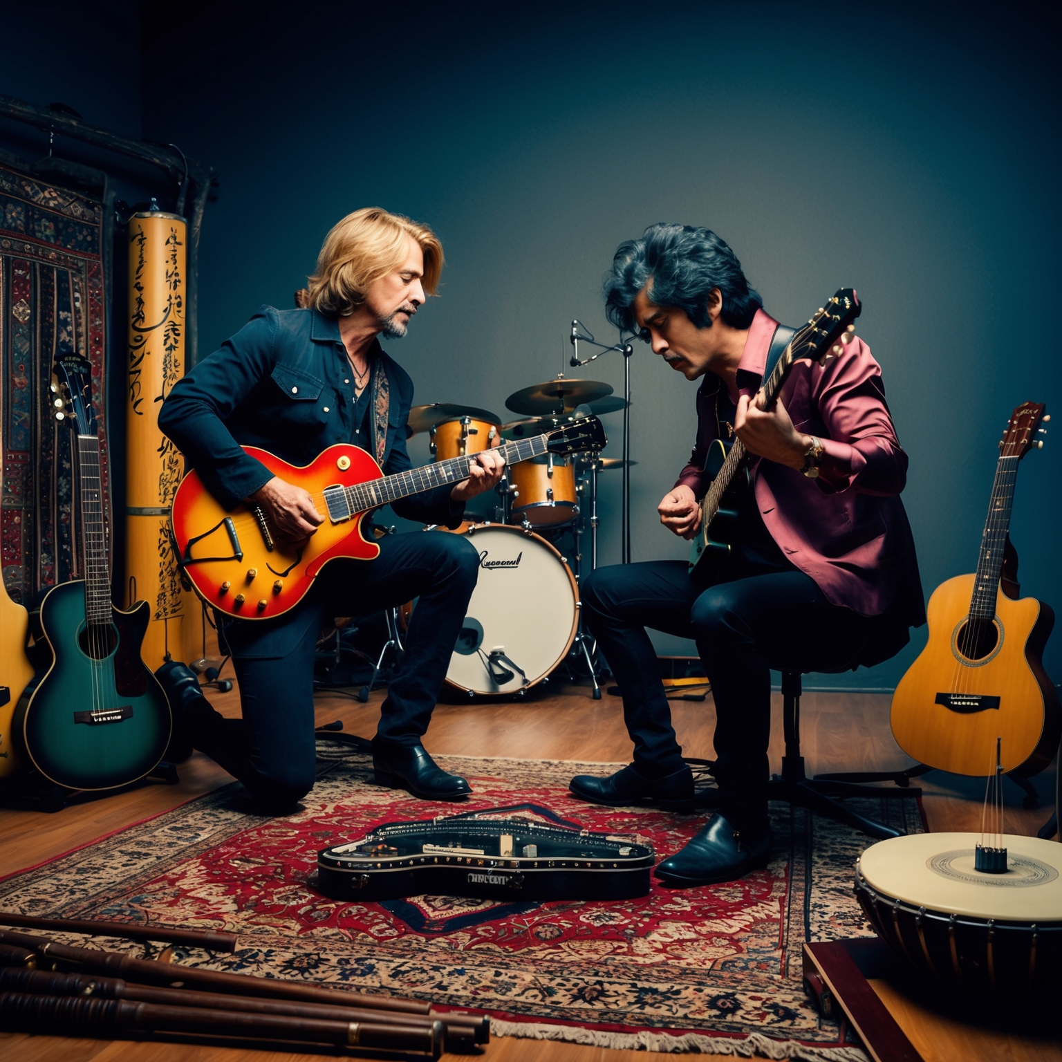 A dynamic duo composing an iconic rock song, in a studio filled with guitars and Eastern musical instruments, capturing the fusion of rock and diverse cultural elements. The scene reflects an aura of creativity and collaboration.