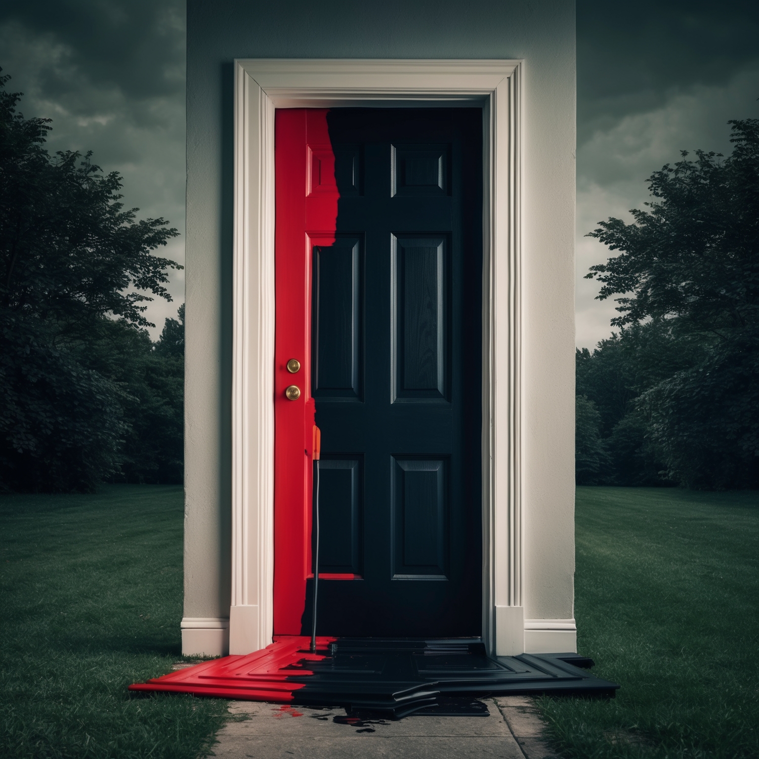 An abstract representation of a red door being painted black, surrounded by summer scenes subtly turning dark, conveying a sense of melancholy and introspection.