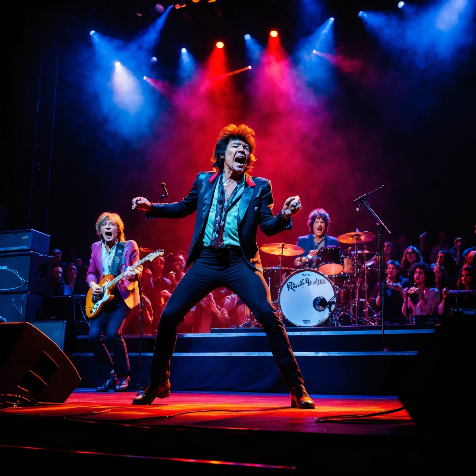 A vibrant stage scene with a lively rock band performing in front of an animated audience, featuring dramatic lighting that evokes a sense of both energy and introspection. The lead singer is in a dynamic pose, embodying the charisma and intensity typical of The Rolling Stones