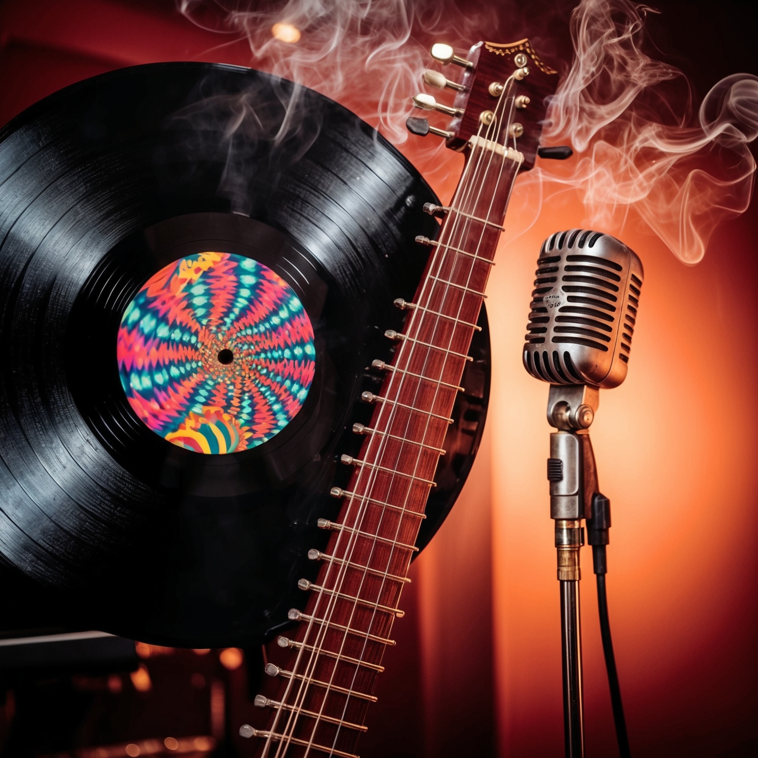 A close-up of a vinyl record with grooves visible, overlaying a vibrant sixties-style psychedelic pattern. A sitar leans against a vintage microphone, surrounded by smoke, under warm ambient lighting reminiscent of a recording studio from the 1960s, reflecting a tone of mystery and creativity.