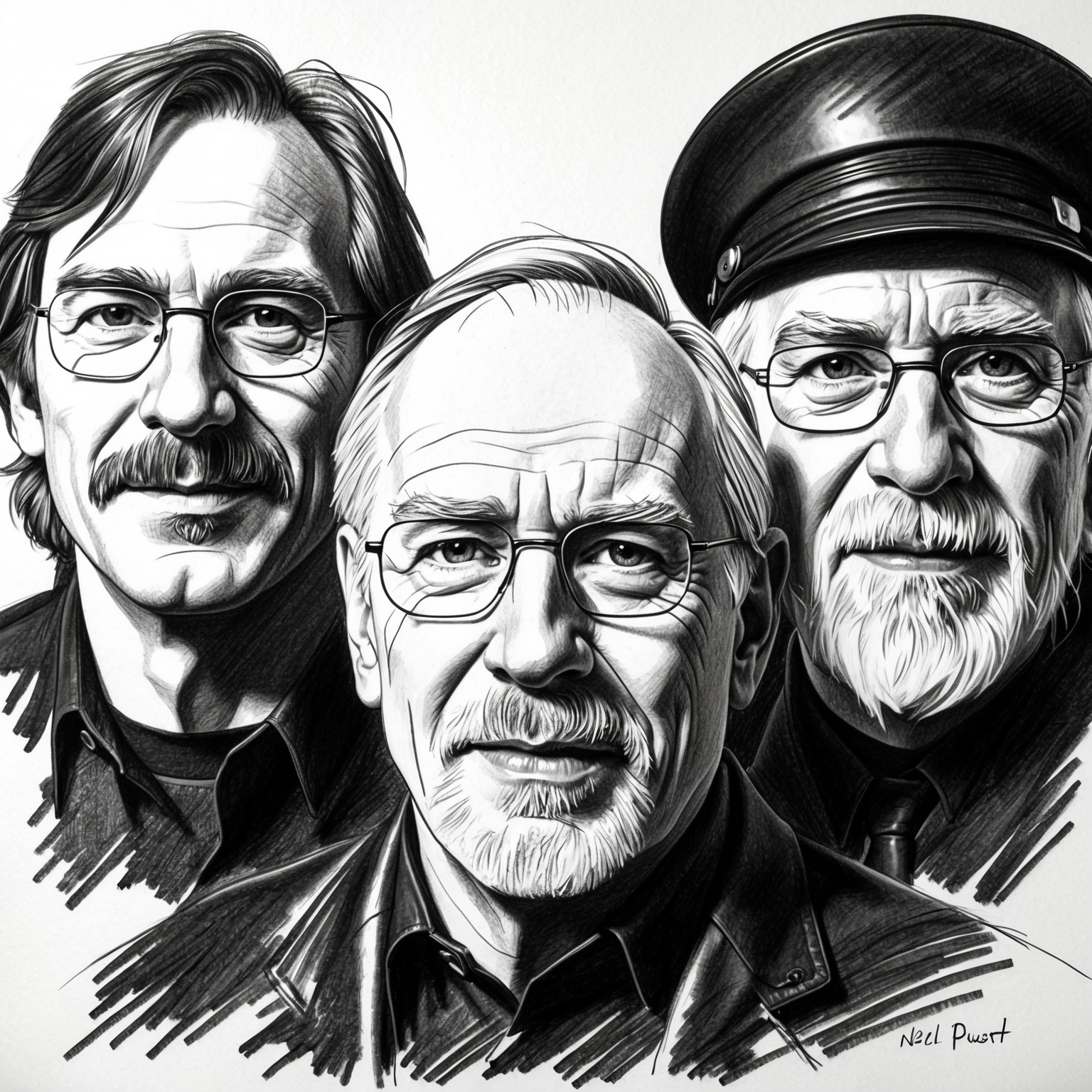 A black and white charcoal portrait of the band Rush, featuring Geddy Lee, Alex Lifeson, and Neil Peart, in a half-finished style with a focus on their expressive features, capturing the essence of their collaborative musical journey.