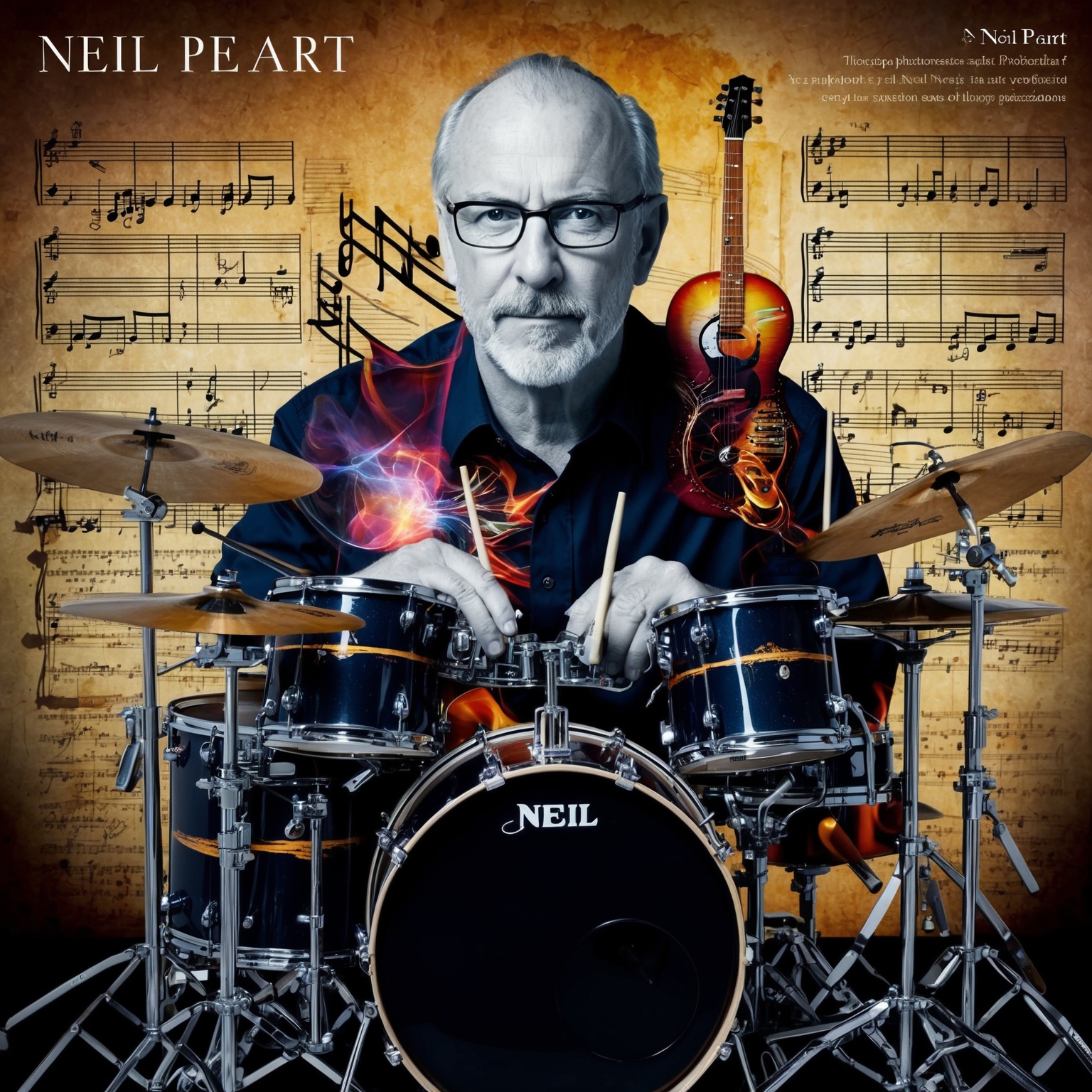 A portrait of Neil Peart in an artistic, surreal style, highlighting his dual roles as a drummer and composer. The image should reflect elements of progressive rock, jazz inspirations and literary themes with vivid, imaginative imagery. Include musical notes and drumming elements intertwined with abstract themes and lyrics representation.