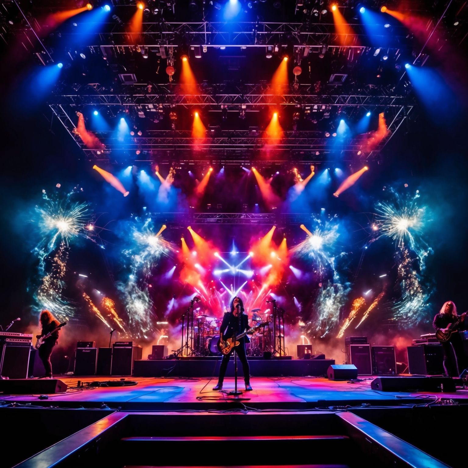 Create an intricate visual depiction of a rock concert stage featuring explosive light shows and vibrant energy. Capture the essence of a progressive rock band performing with undeniable intensity and virtuosity. Include abstract elements that symbolize a journey or adventure, reflecting the spirit of exploration. The focus should be on evoking the dynamism and spectacle of a legendary live performance.