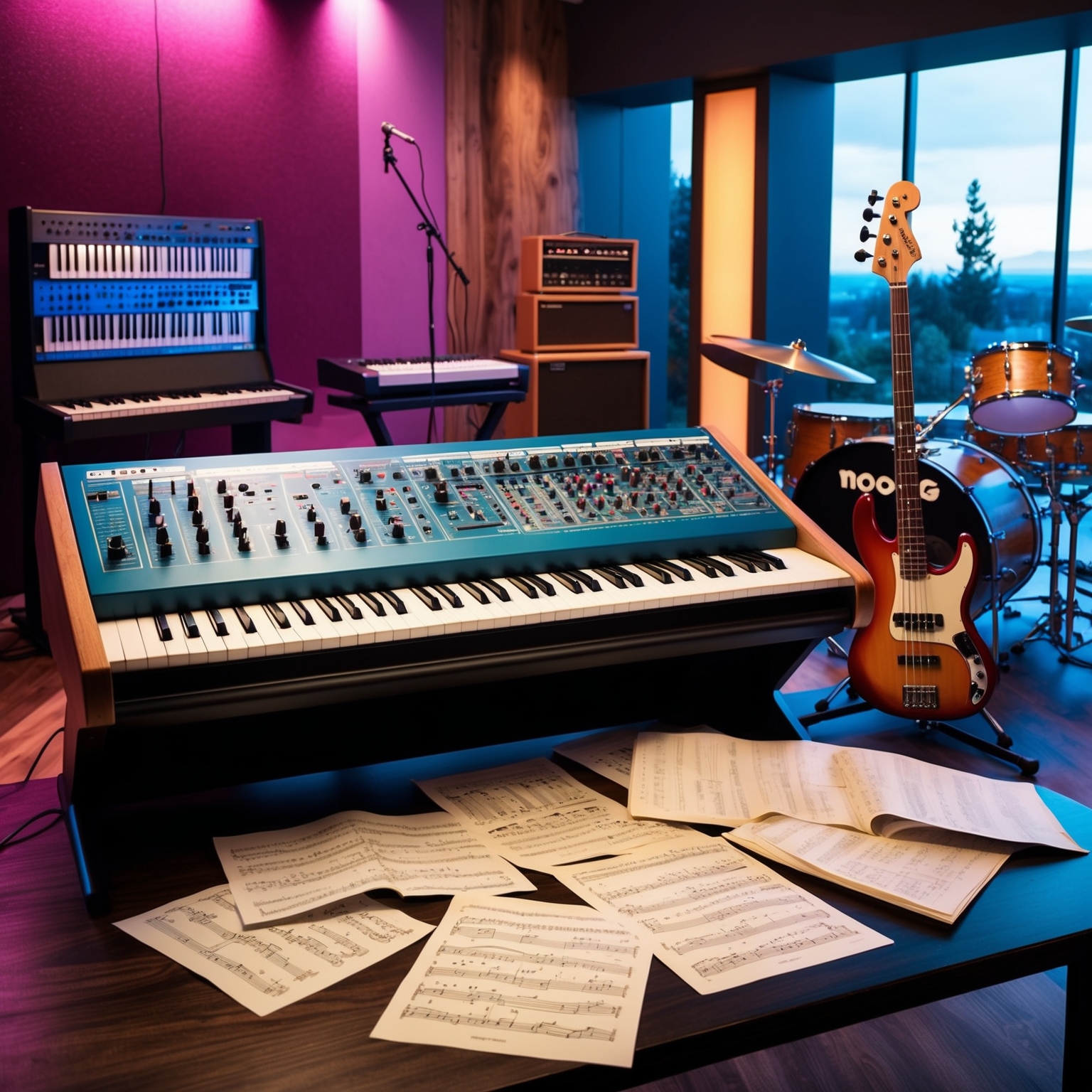 Create an image of a vibrant recording studio with a Moog Taurus synthesizer and complex sheet music scattered around. In the background, add iconic rock instruments such as a bass guitar, electric guitar, and drum set. Capture a mood of intense creativity reminiscent of 1980s rock era, symbolizing technical musical innovation. Include a vista that blends nature and futuristic elements, reflecting the thematic depth of individuality and modernity.