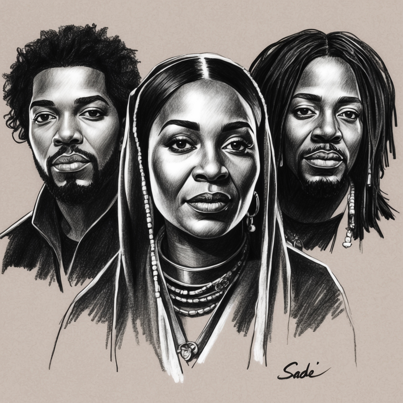 A black and white charcoal, stylistic drawing of Sade, the British band, with a focus on the lead singer Sade Adu. Capture the essence of the band with a half-finished feel, emphasizing their elegant and timeless nature.