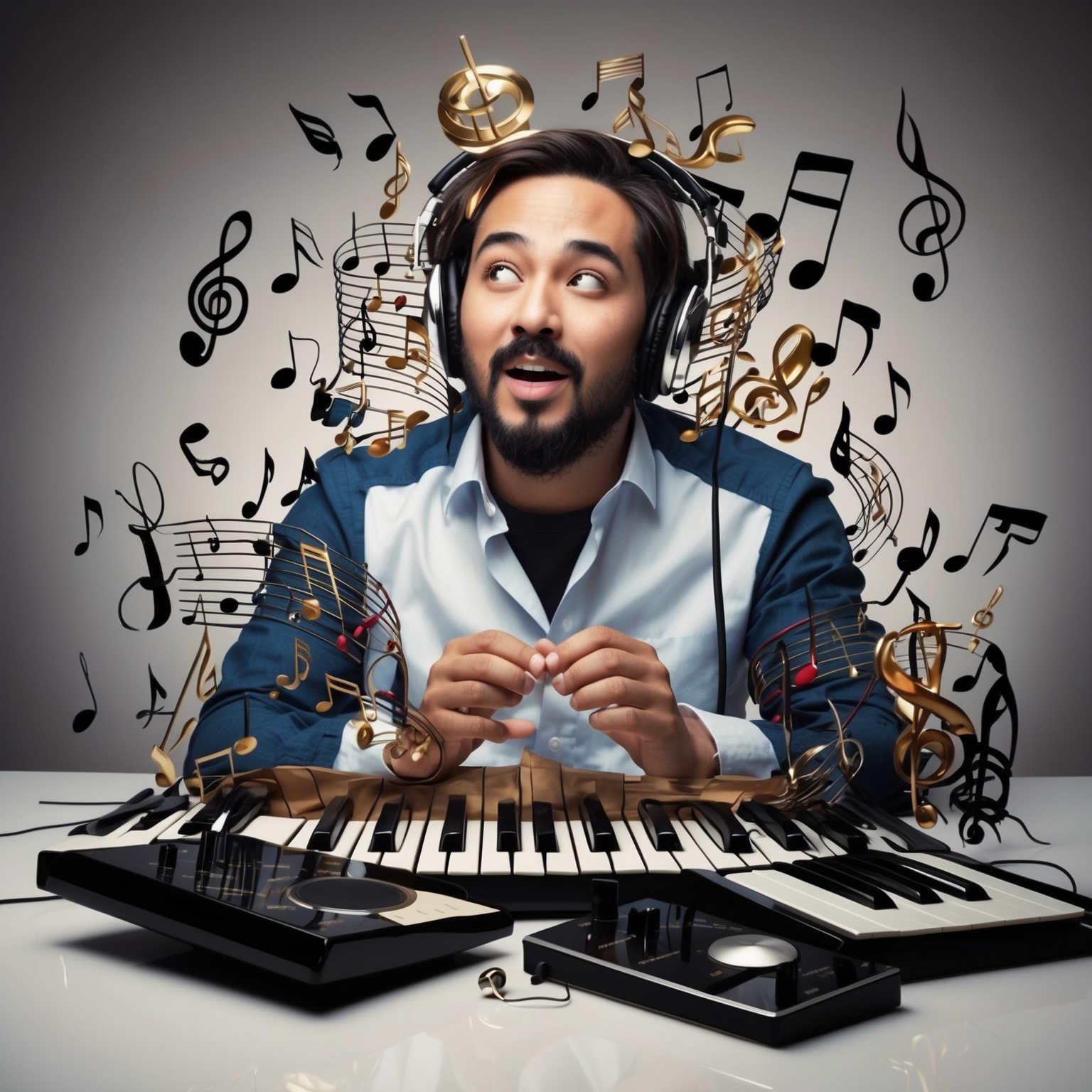 A creative depiction of a composer in an inspired moment, surrounded by musical notes and influences. The setting is a blend of modern and classic music elements, symbolizing a fusion of genres.