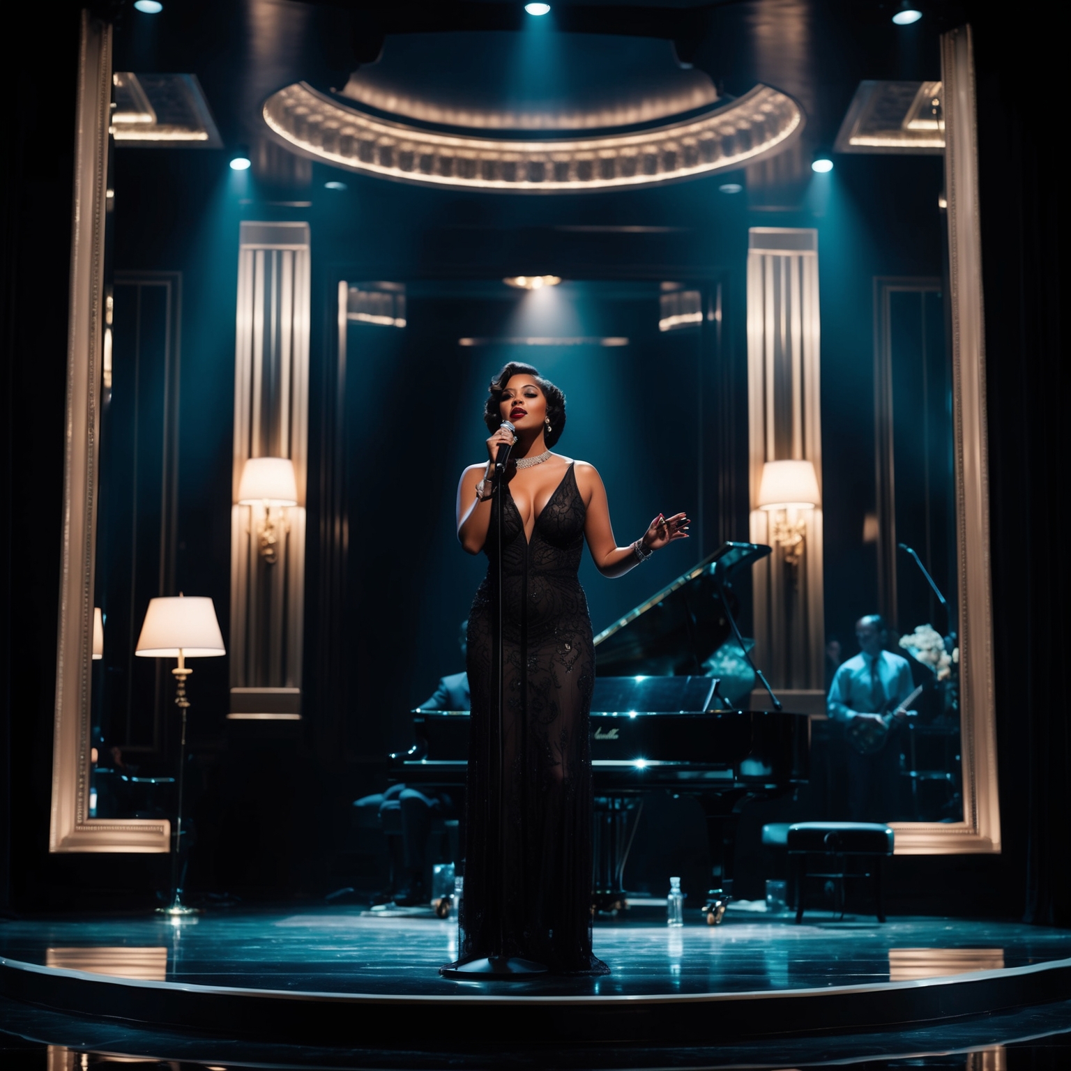 A film noir-inspired scene with Sade performing on stage, surrounded by dimly lit luxurious settings. Capture the mood of intrigue, sophistication, and mystery, with Sade