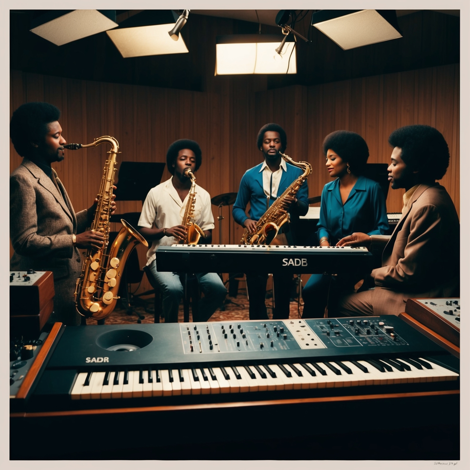 Illustrate a serene recording studio from the 1980s with vintage instruments, including a saxophone, keyboard, and recording equipment, capturing the essence of Sade band members engaged in a creative session. Highlight the sophistication and elegance of the environment, representing the smooth and jazzy sound typical of the era.