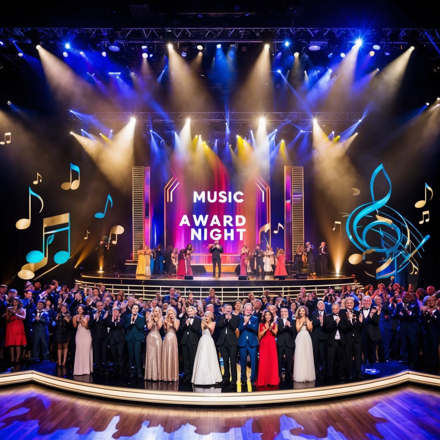 Create an image featuring a celebration scene for a music award night. Show a stage with vivid lighting, surrounded by an enthusiastic audience applauding. Include abstract art elements to symbolize musical notes and achievements. Capture the essence of a grand, jubilant ceremony, highlighting the theme of recognition and celebration in the music industry.