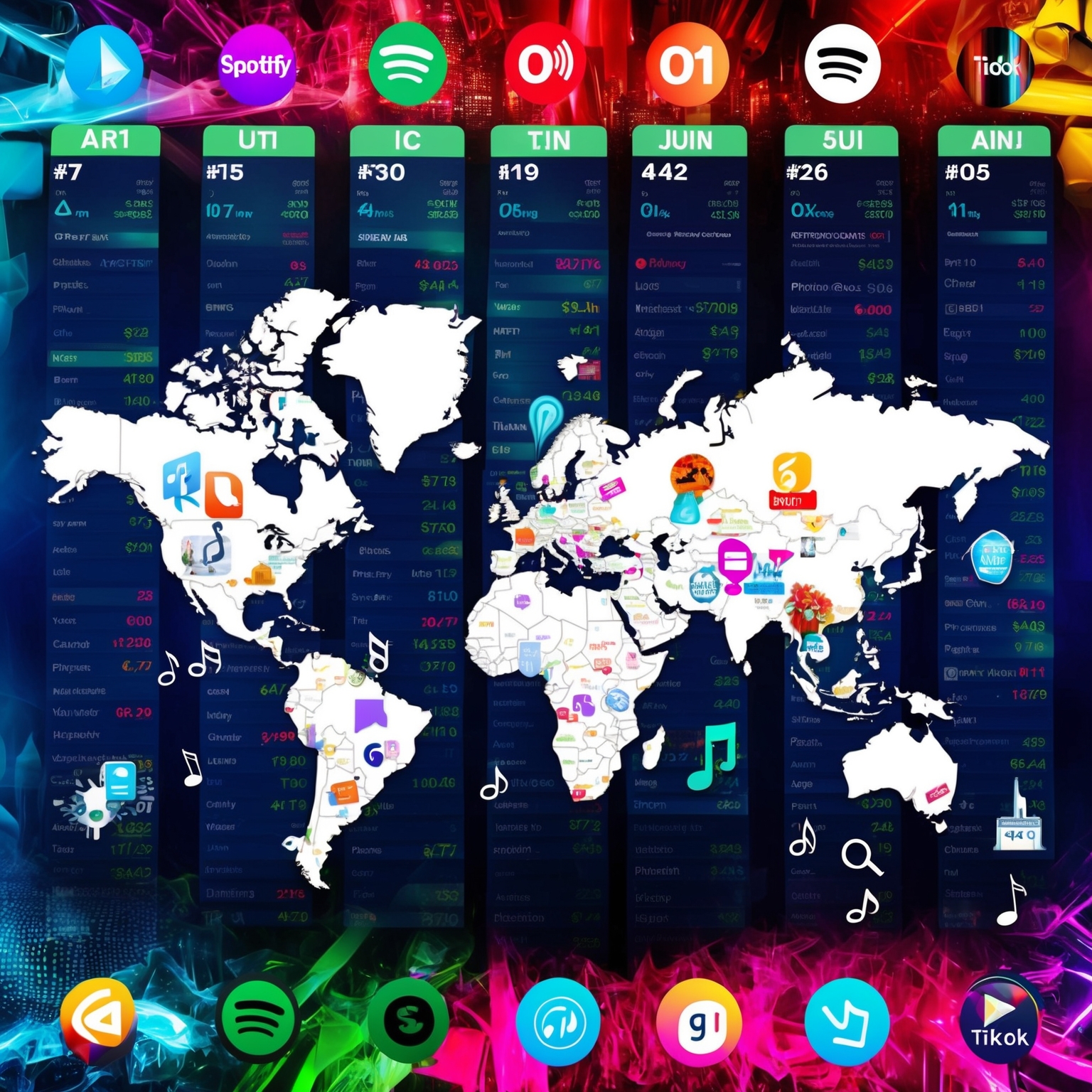 A vibrant collage of music charts from around the world showing number one positions, icons representing streaming platforms like Spotify and TikTok, and artistic elements depicting pop culture, capturing the success of a hit song in today