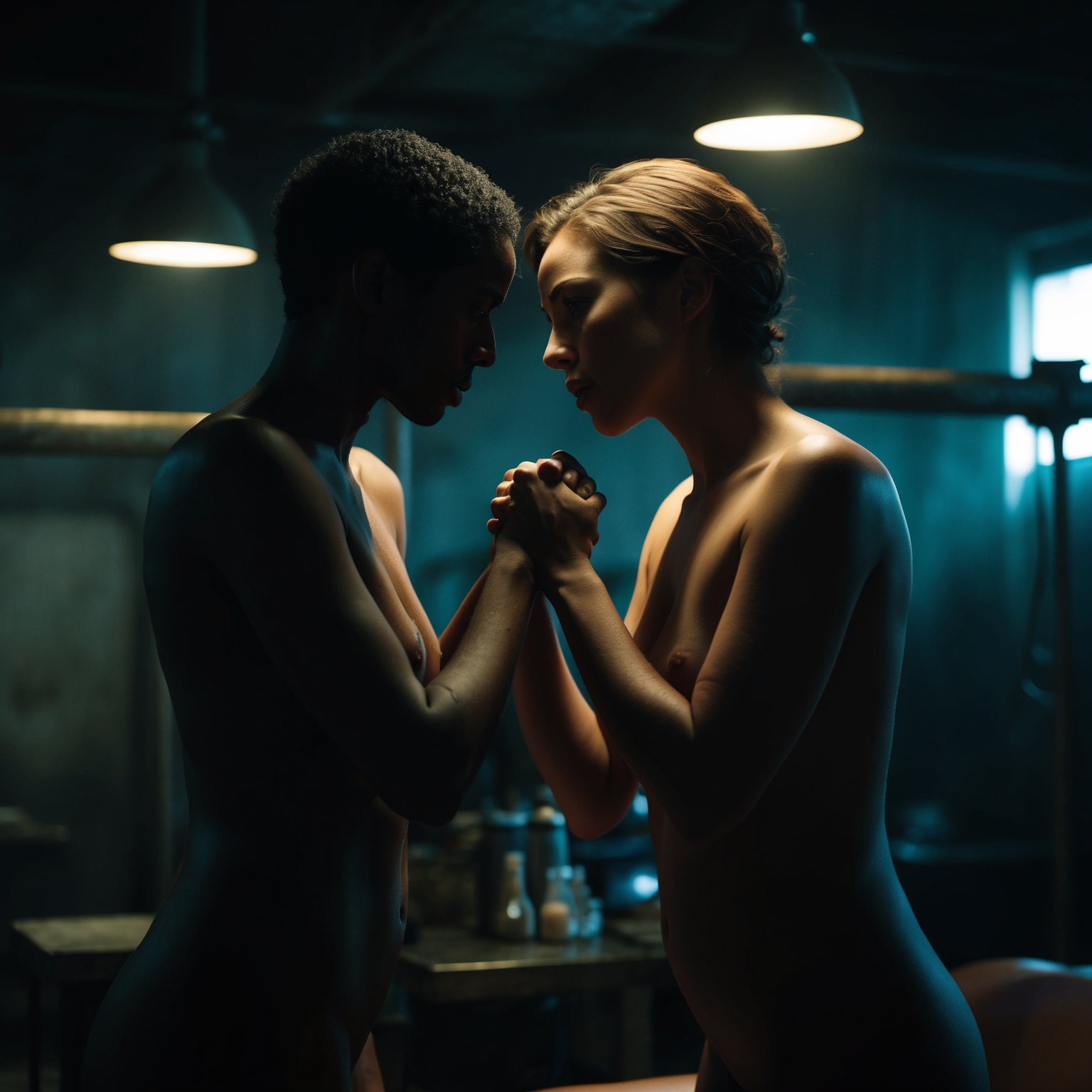 An intimate, shadowy scene depicting two figures engaged in a secretive exchange, illuminated by dim, atmospheric lighting, inside a space that resembles an industrial yet sensual 