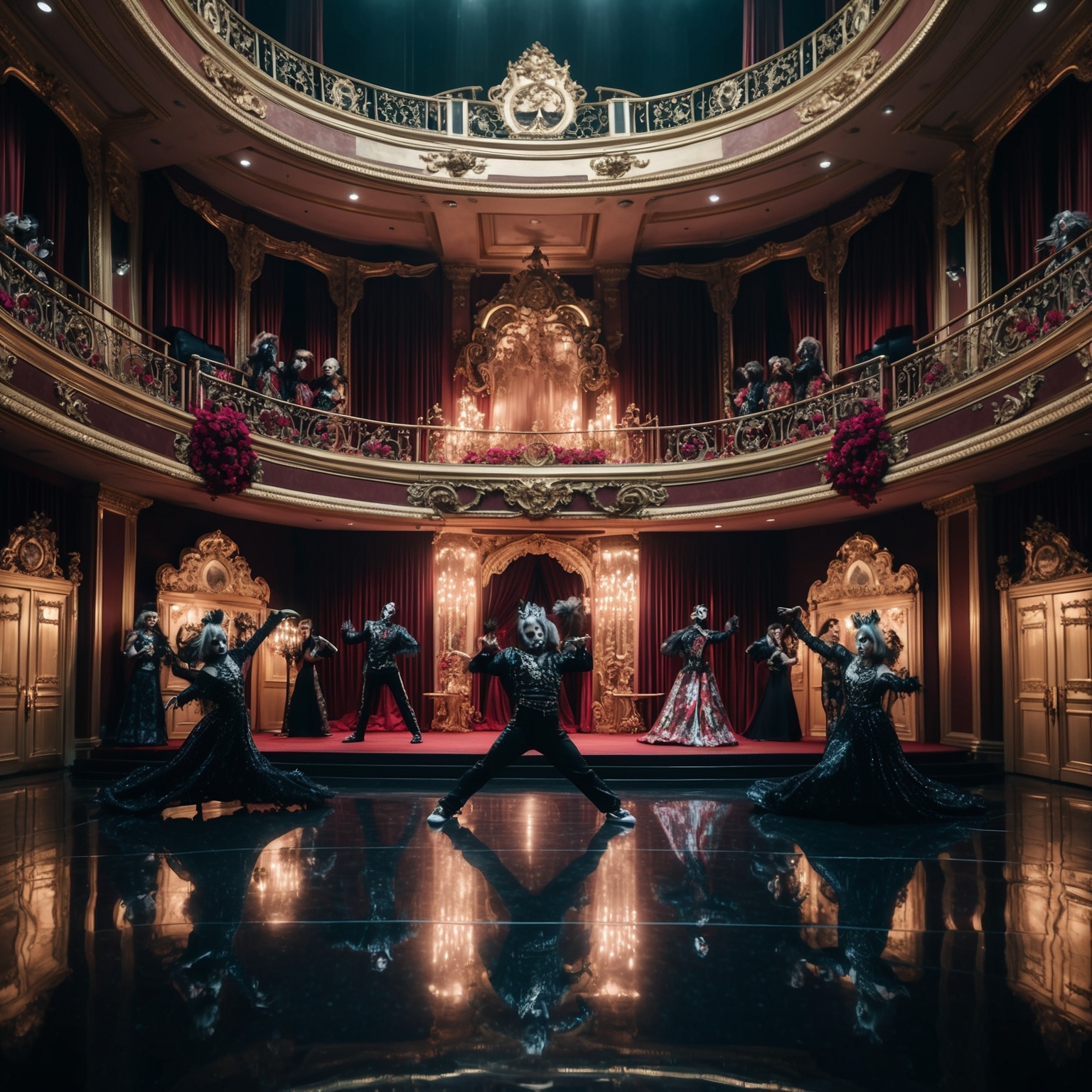 A visually striking music video set in an elegant theater with gothic and glam aesthetics, showcasing dynamic choreography and lavish costumes. The scene captures opulence and secretive indulgence, reflecting themes of conflict and appearances versus reality.