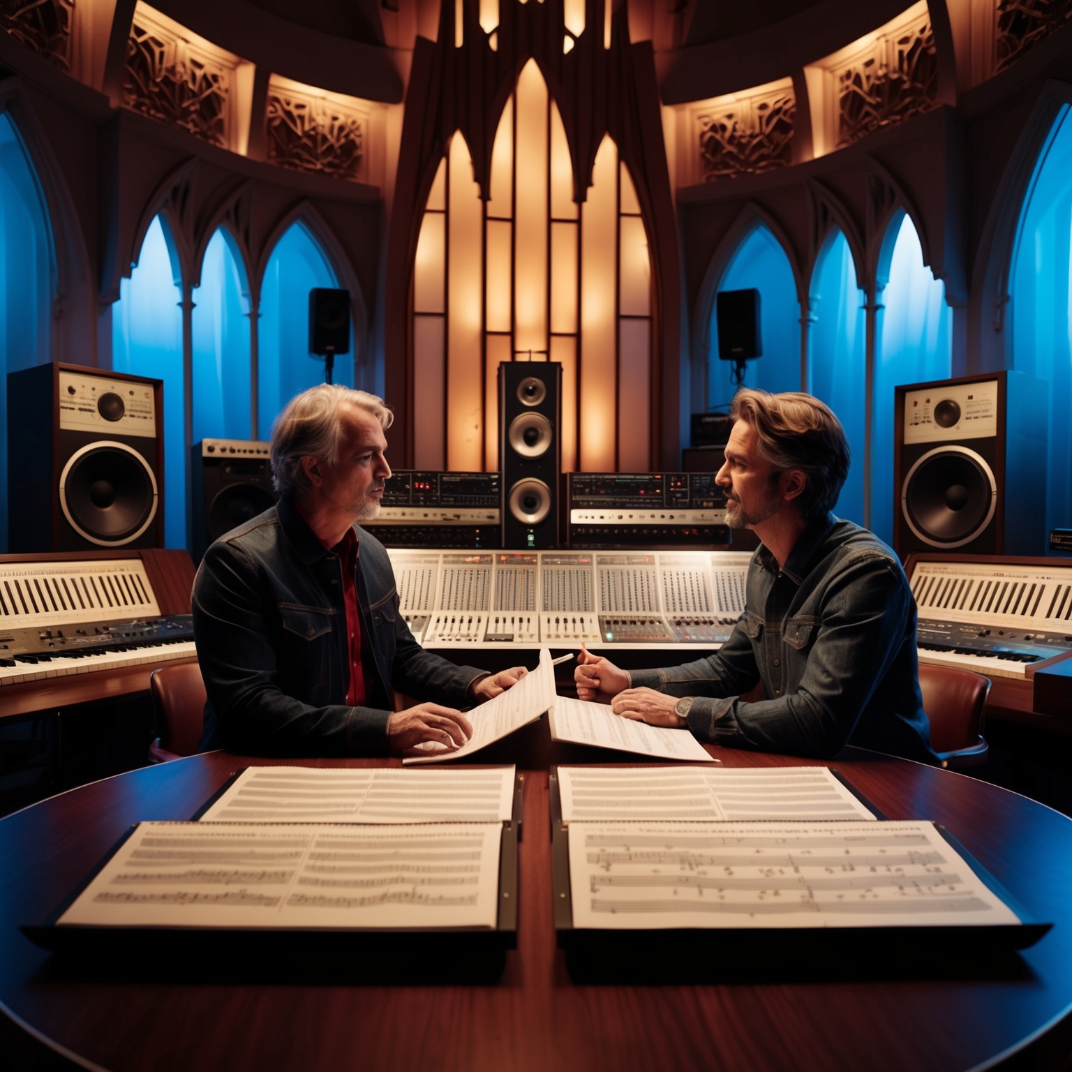 A futuristic recording studio with state-of-the-art equipment, featuring a mid-century modern design. The background is intricately lit with ambient lights, showcasing a mixing console and vintage synthesizers. In the forefront, two artists are engaged in an intense discussion over musical sheets, capturing a moment of creativity. The atmosphere blends elements of gothic architecture with cutting-edge technology, representing the fusion of traditional and modern musical elements.