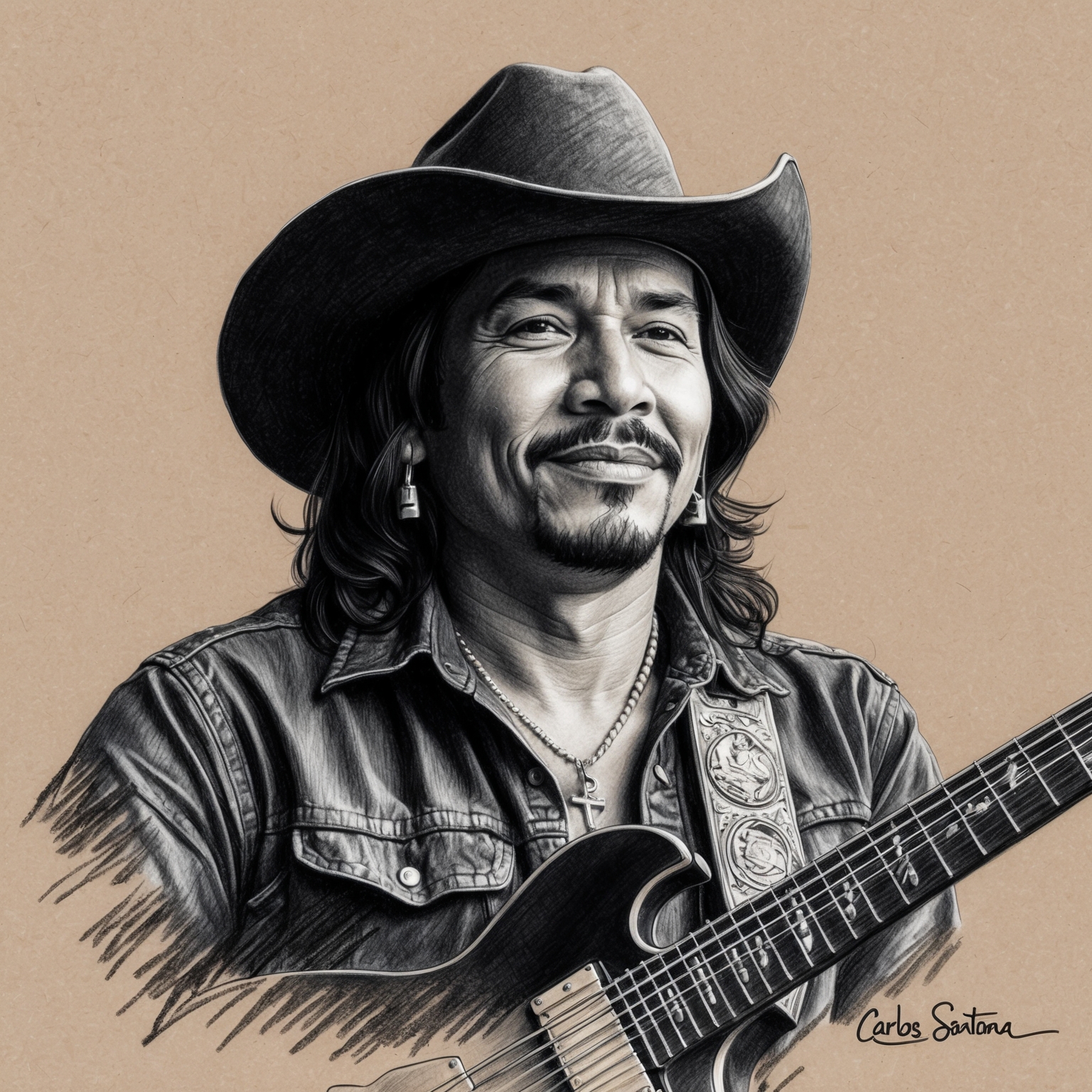 A charcoal, stylistic drawing of Carlos Santana, capturing the iconic musician in a black and white portrait, with a half-finished, artistic feel, focused on his serene expression and legendary status as a guitarist.