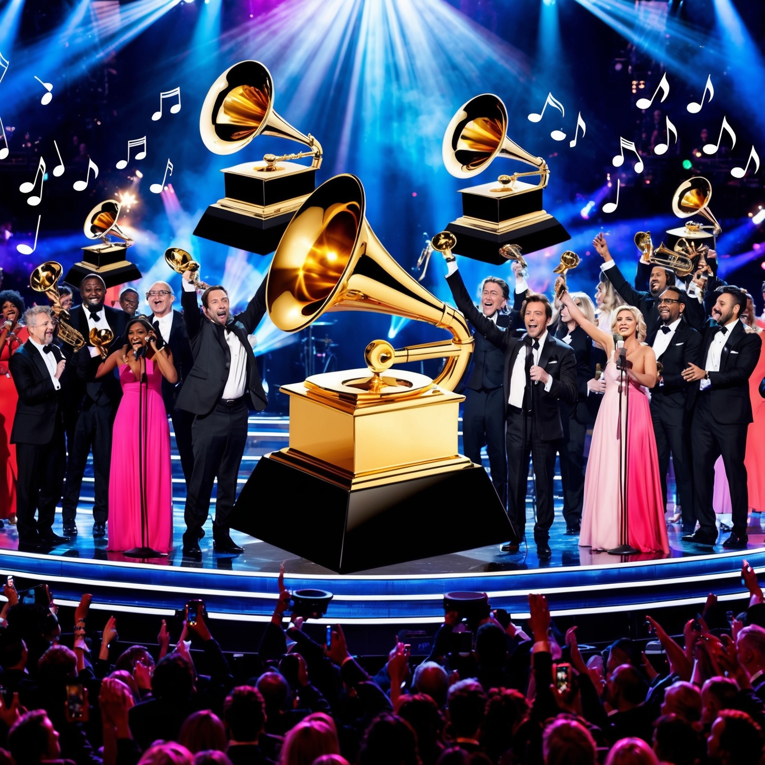 A vibrant and dynamic digital artwork capturing the essence of music awards ceremony with prestigious trophies being held proudly by artists on stage, the iconic Grammy Award prominently displayed. The atmosphere is one of celebration and triumph, showcasing vibrant lighting, a cheering audience, and a backdrop of musical notes representing the success of a hit song.