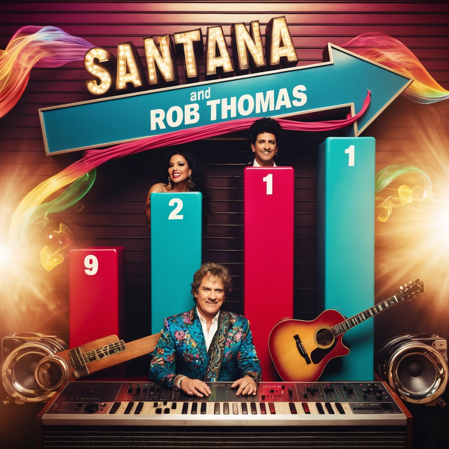 A vibrant representation of a musical chart with Santana and Rob Thomas at the pinnacle, symbolizing their 12-week hold at number one. Include vintage 