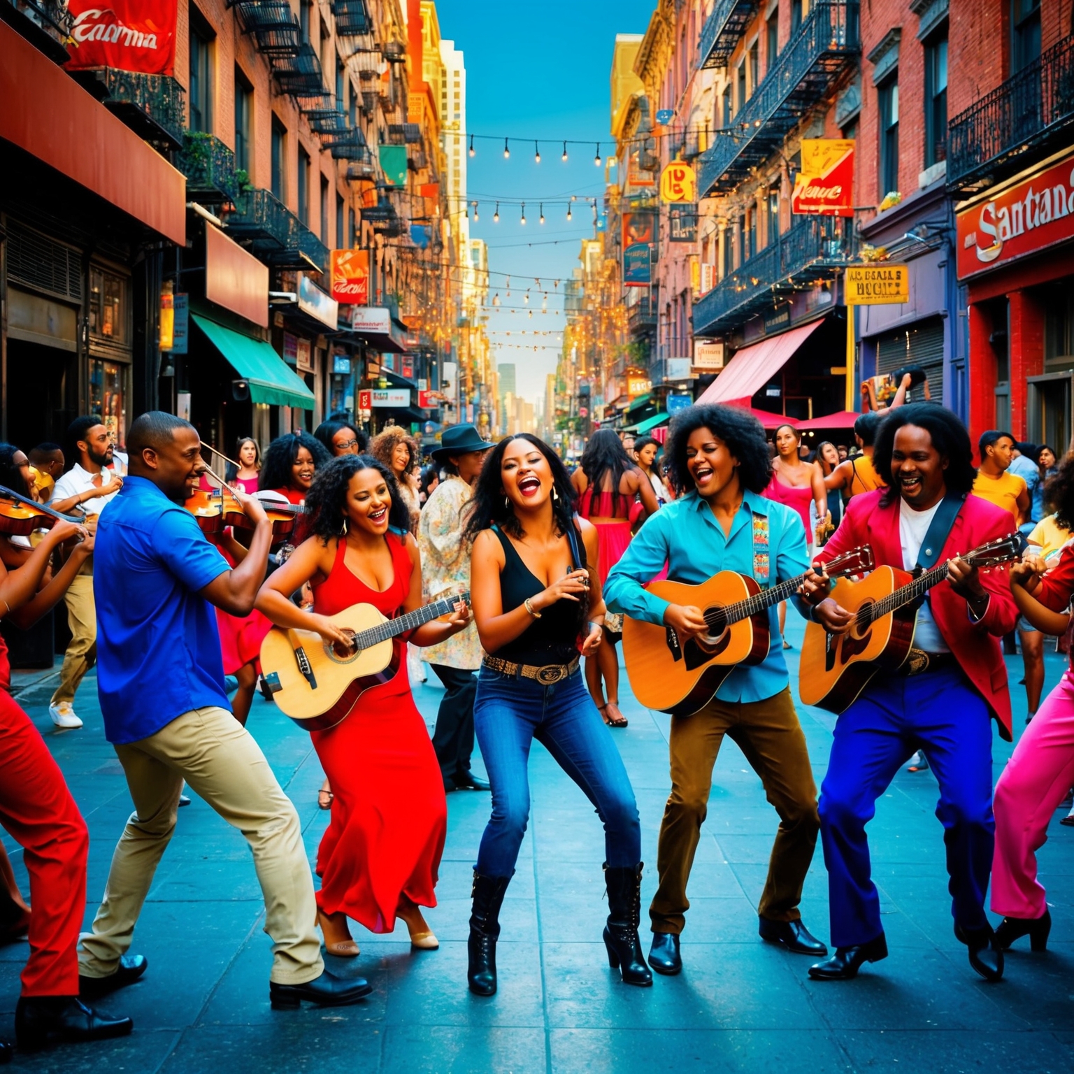 A bustling city street alive with vibrant colors, musicians playing their instruments while people dance, all expressing the energy and excitement of Santana