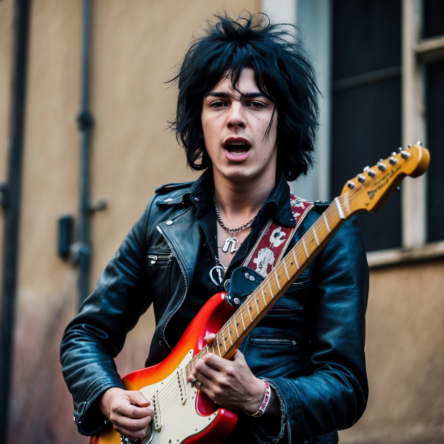 A young punk guitarist in a 1970s setting, with a raw, rebellious expression, electric guitar in hand, capturing the essence of punk energy and rebellion.