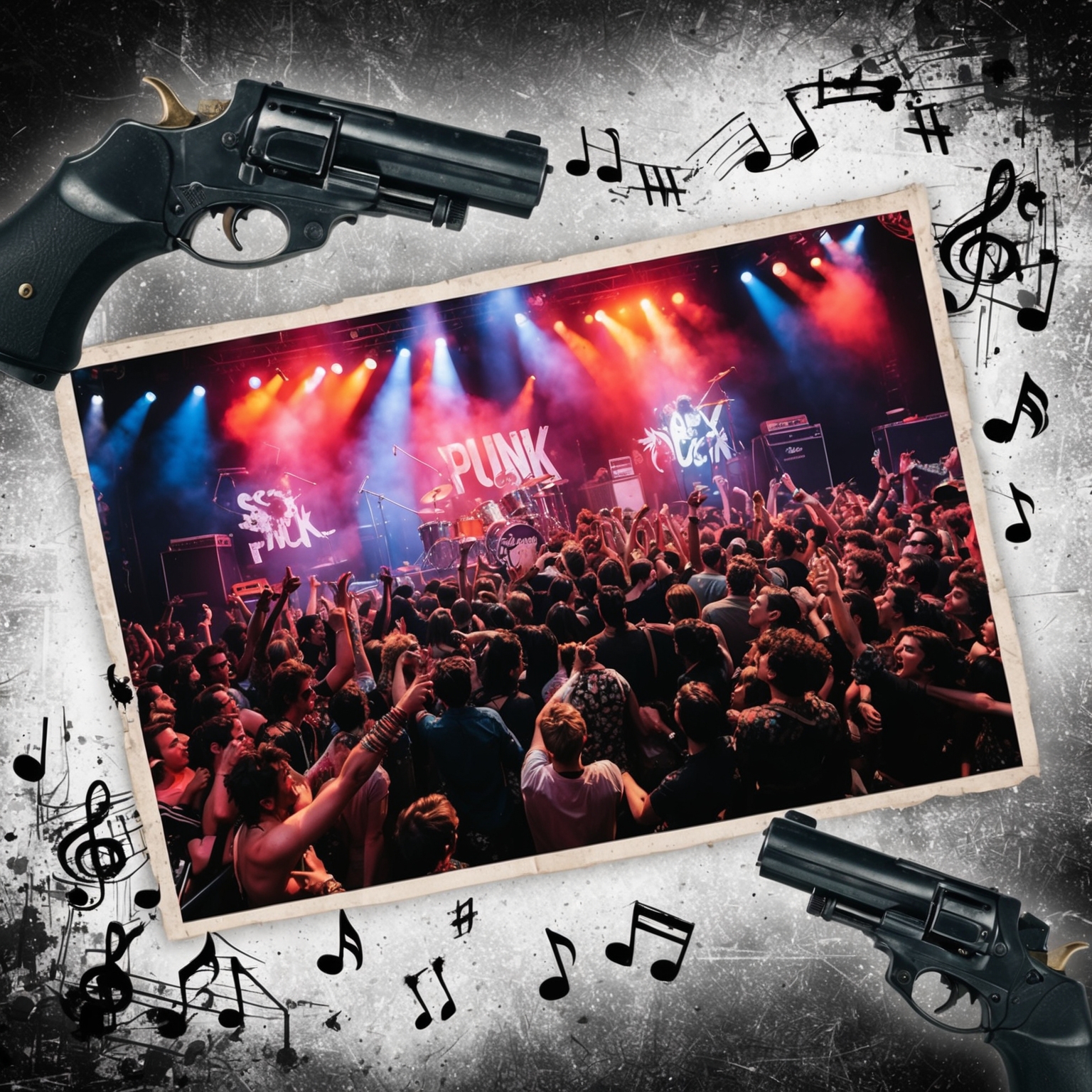 A dynamic image of a punk-rock stage, vibrant energy, chaotic crowd, capturing the rebellious spirit of the late 70s, featuring elements associated with Sex Pistols, music notes mingling with an urban punk aesthetic.