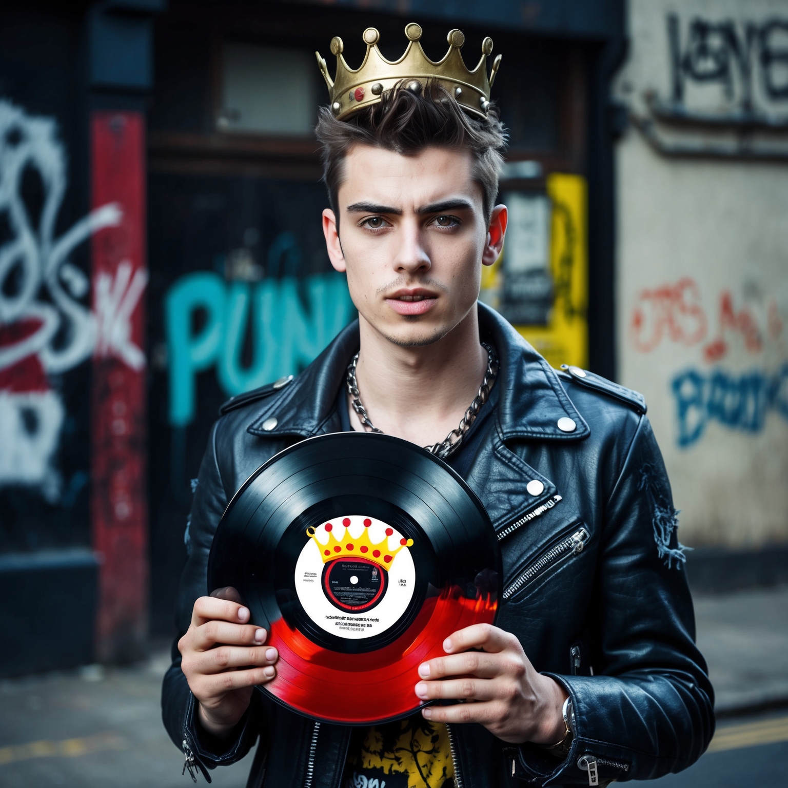 Create an image of a rebellious young man with a punk rock appearance holding a vinyl record featuring a crown with a punk twist. The background should be an urban street setting with graffiti and elements of 1970s Britain, capturing a sense of underground music culture and rebellion.