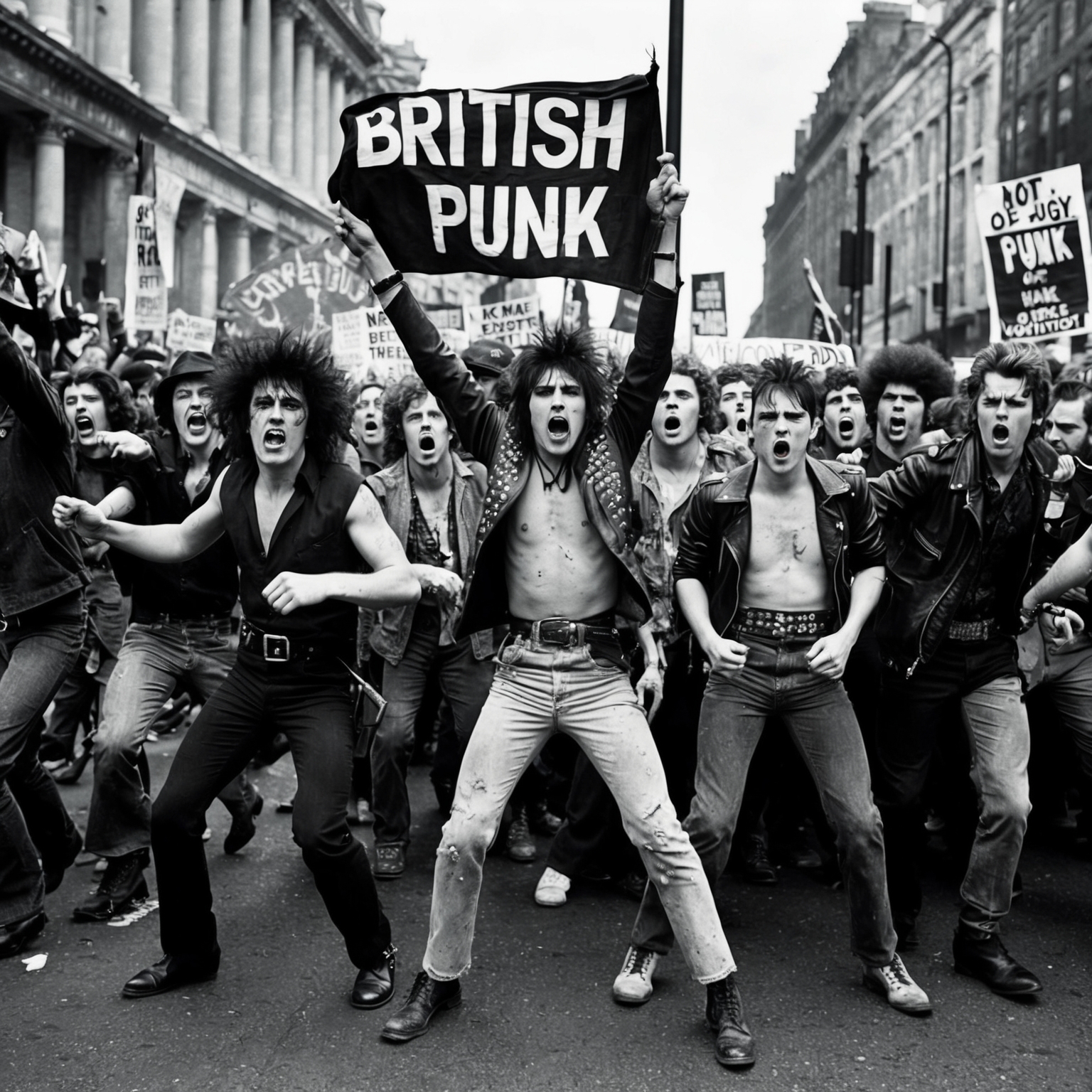 A vintage punk rock protest scene, capturing the raw energy and controversial spirit of the 1970s British punk movement, with bold, defiant expressions and imagery of societal rebellion.