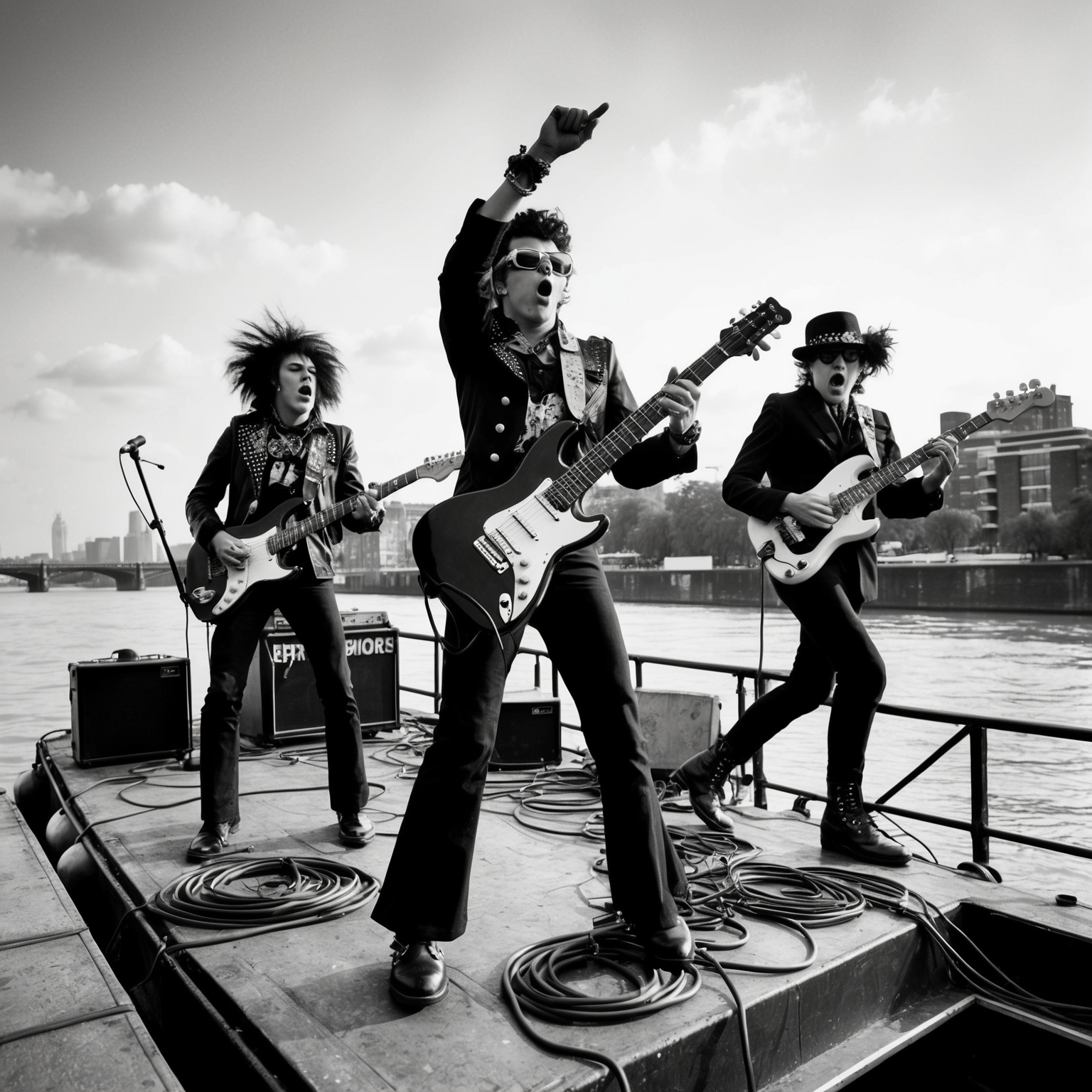 Sex Pistols performing live on a barge on the River Thames, punk fashion, vibrant energy, 1970s anarchy, black and white photography, vintage punk vibe, British iconography, rebellious atmosphere.