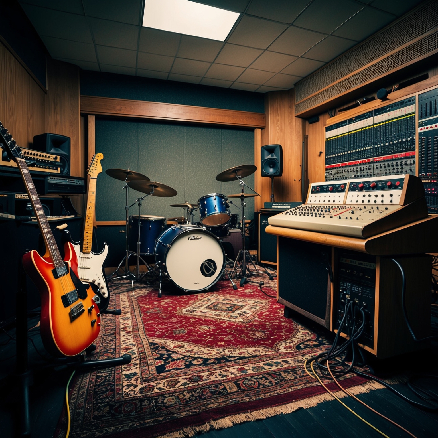 Create an image of a vintage recording studio from the 1970s with a punk rock aesthetic: electric guitars, drum kit, and a sound mixing console. Capture the gritty and dynamic vibe of punk recording sessions, emphasizing a chaotic yet creative atmosphere.