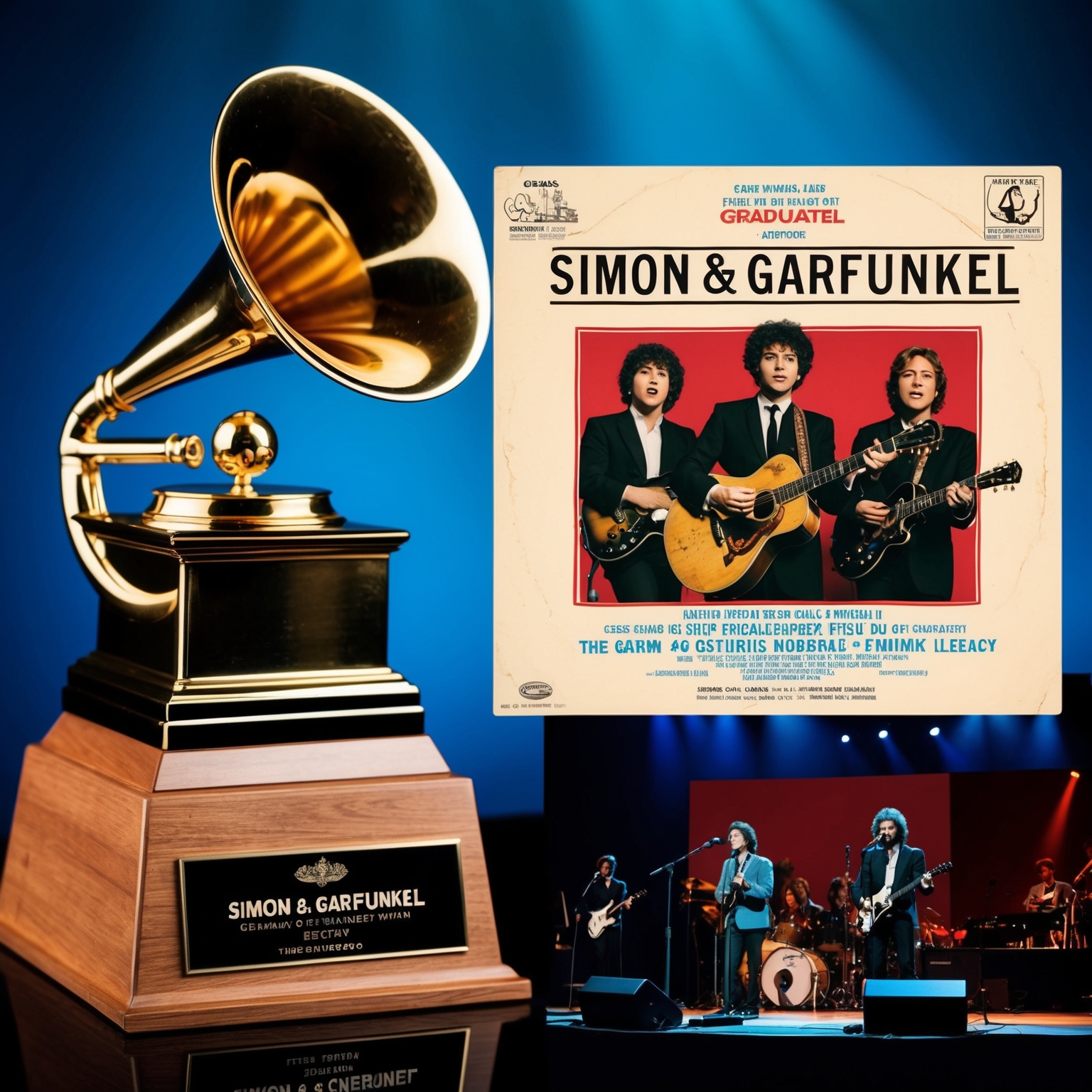 Classic Grammy Awards trophy, vintage vinyl record cover featuring Simon & Garfunkel, scenes from The Graduate film, alternative rock band performing on stage, evoking a sense of timeless musical legacy.