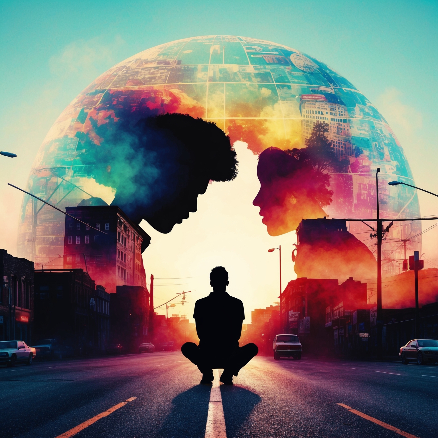 An artistic digital representation of a silhouette contemplating amidst a 1960s-inspired urban landscape, with symbology of peace and introspection. The scene is infused with vibrant colors and subtle imagery suggestive of a journey through self-awareness and cultural reflection.