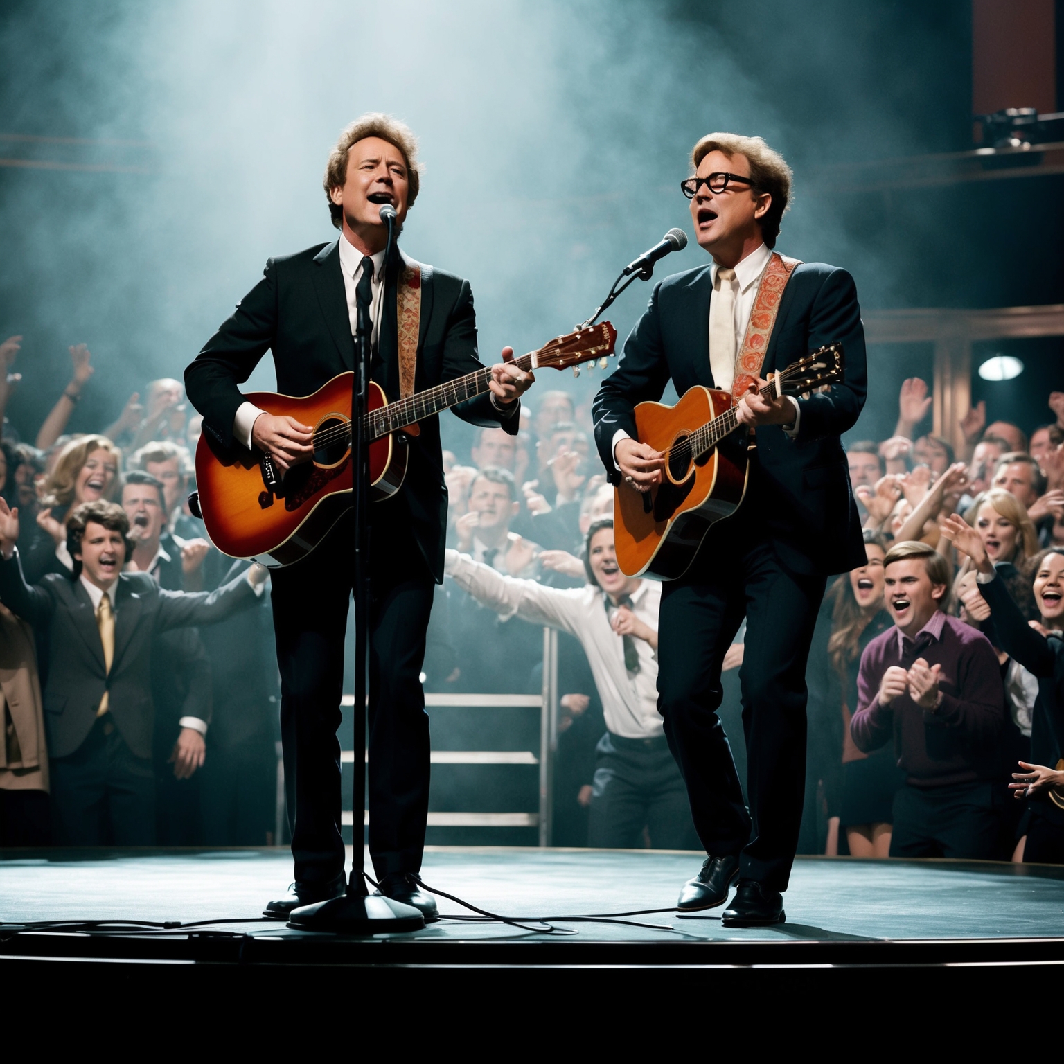 A nostalgic yet engaging depiction of Simon & Garfunkel on stage, performing with an animated crowd, evoking a 1960s vibe, intertwined with subtle references to 