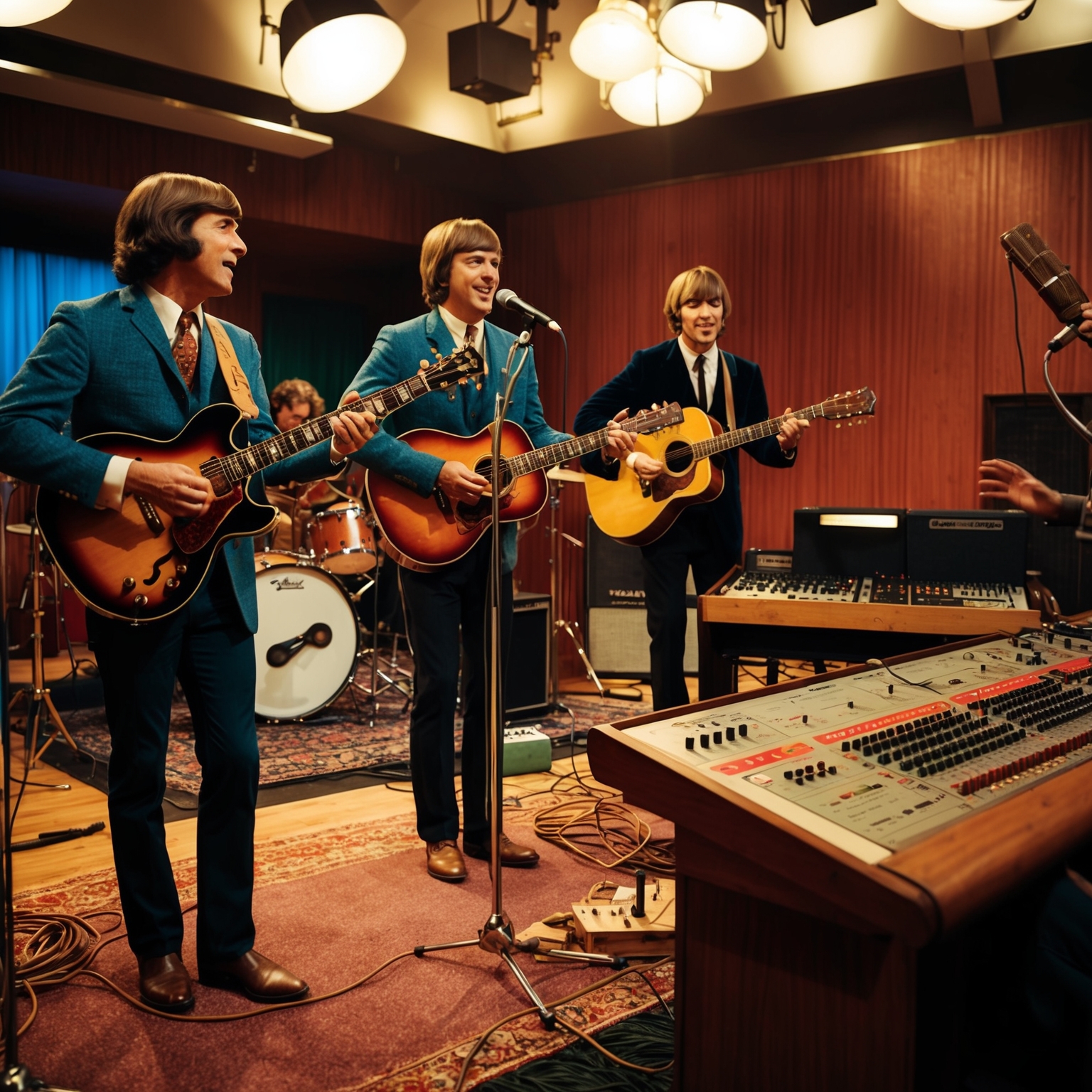 A detailed interpretation of a 1960s music studio during a recording session for a famous folk-rock duo. The scene includes musicians playing guitars, a producer at a soundboard, and vintage recording equipment. The atmosphere is vibrant and creative, capturing the essence of a classic hit being crafted.