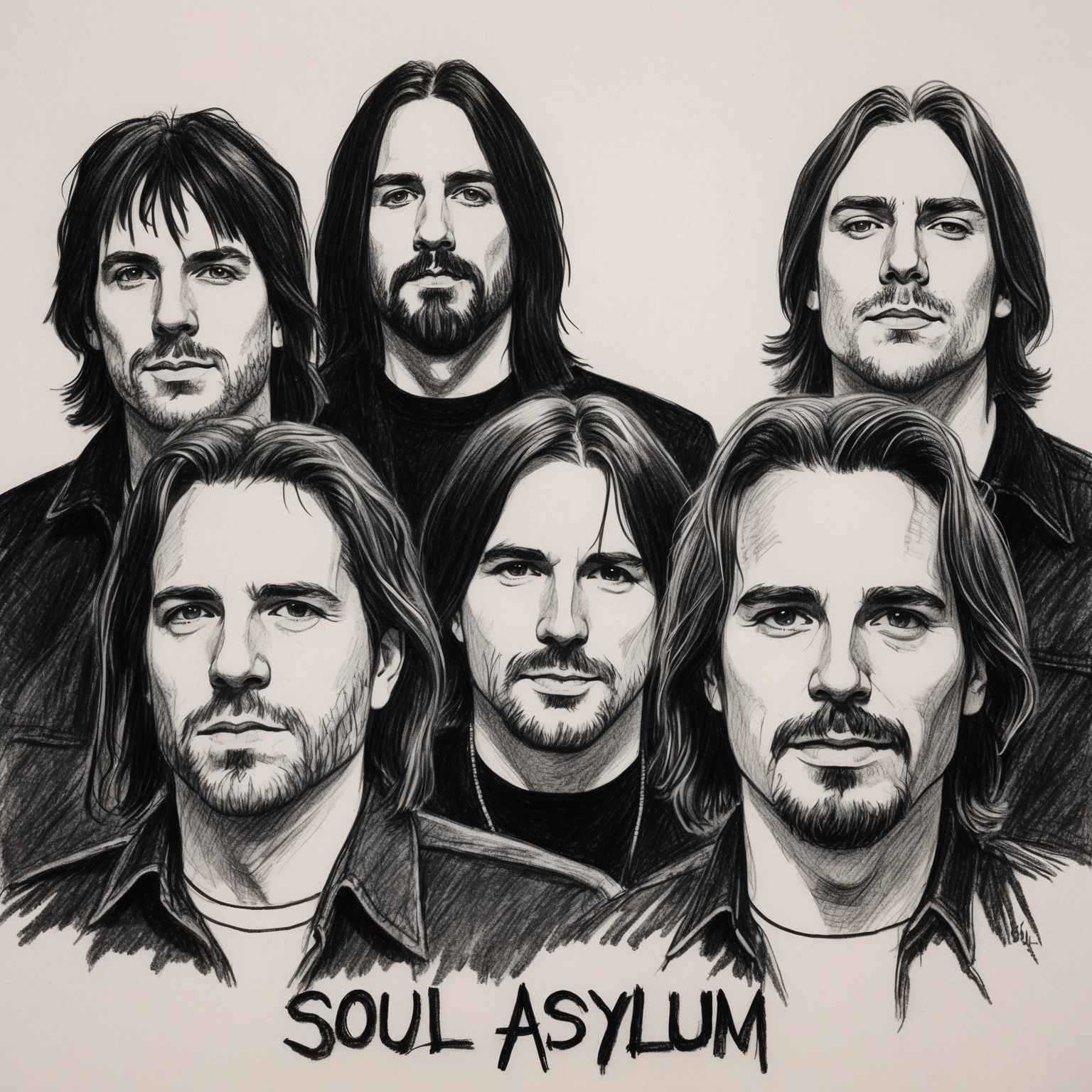 Create a black and white charcoal portrait of Soul Asylum, focusing on band members Dave Pirner, Dan Murphy, Karl Mueller, and Grant Young. The drawing should have a half-finished feel, capturing the raw essence and era vibe of the early 1990s. The style should be gritty yet evocative, embodying the alternative rock aesthetic.