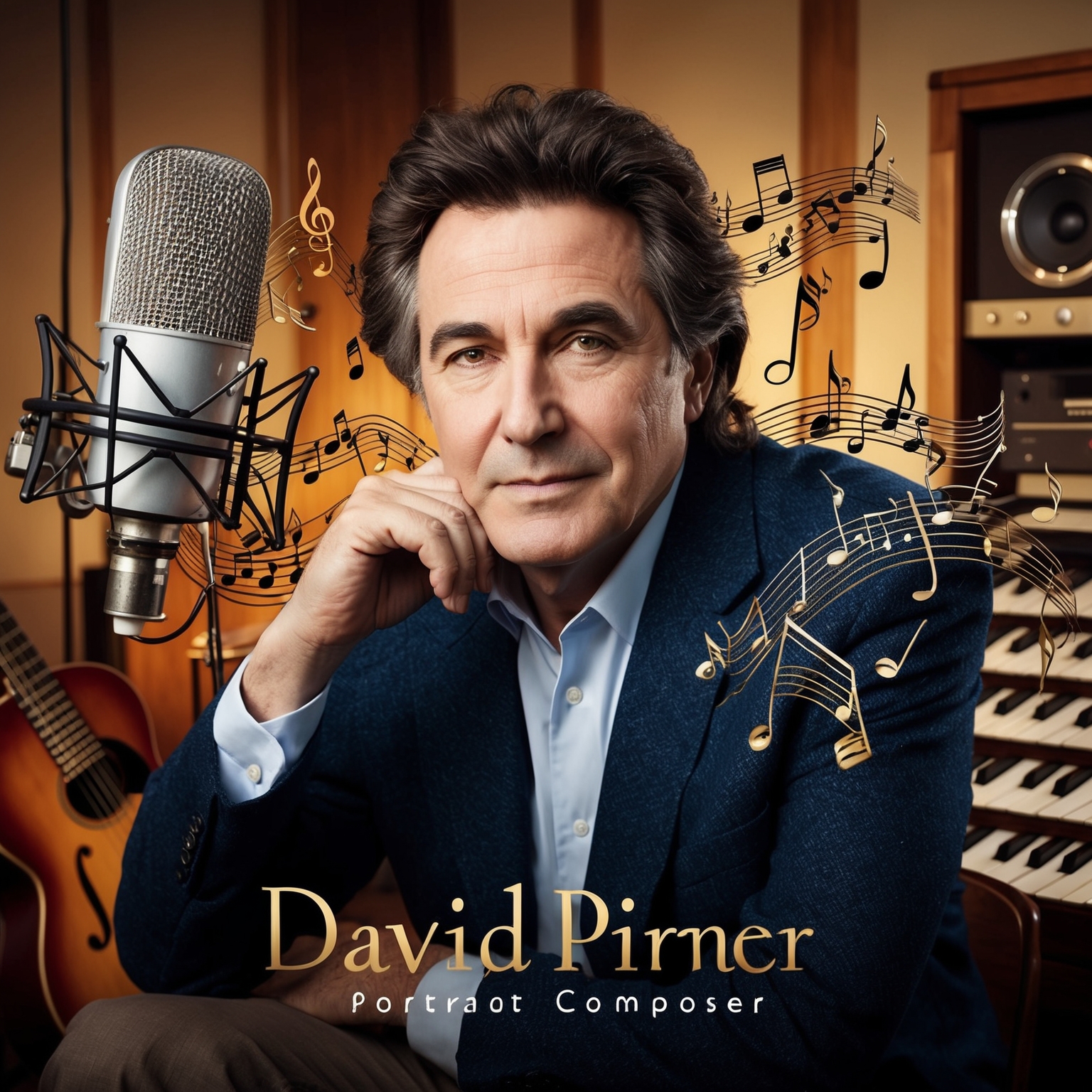 A portrait of David Pirner, surrounded by musical notes and instruments, capturing his essence as a composer. He should be depicted in a thoughtful pose, reflecting on his music, set against a backdrop of a vintage recording studio.