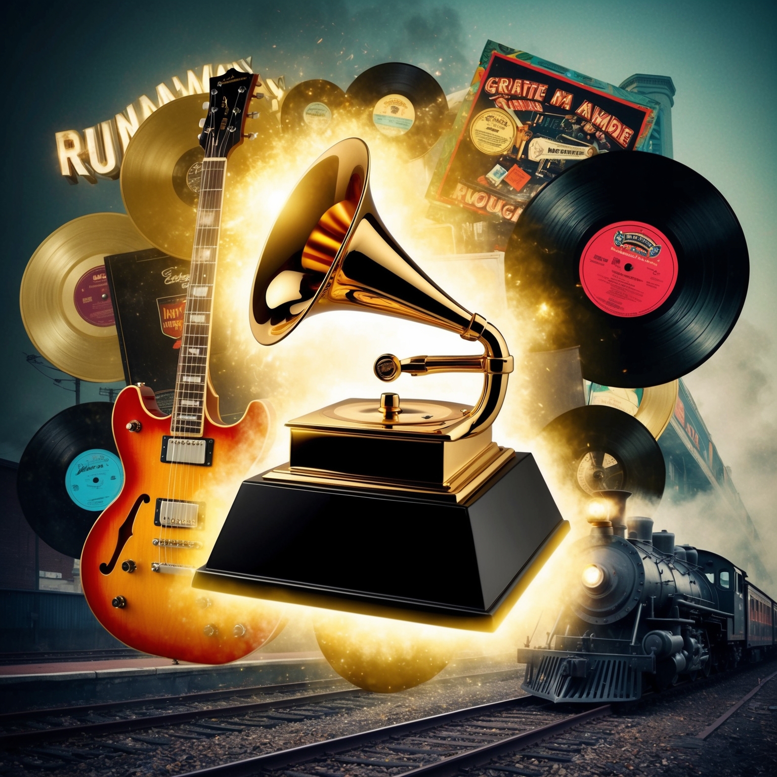 Create an image of a Grammy Award with a glowing aura. Surround it with a collage of vintage elements symbolizing 1990s rock music, such as electric guitars and vinyl records, with soft lighting to evoke nostalgia. Highlight the 