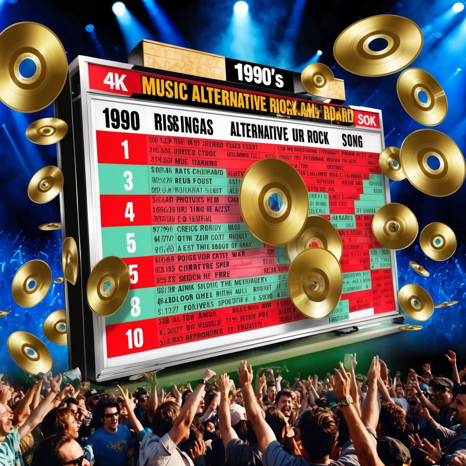 A dynamic and vibrant image of a classic 1990s music chart billboard displaying the rising positions of a popular alternative rock song, adorned with gold records and surrounded by a crowd of cheering fans. The backdrop should evoke a sense of achievement and celebration.