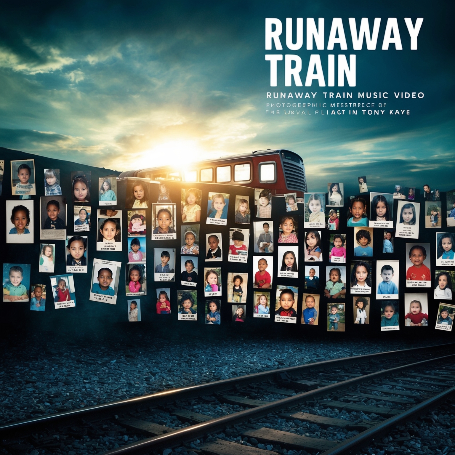 A compelling visual representation of the themes in the Runaway Train music video, featuring a montage of missing children’s photographs, a melancholic and emotional setting, echoing the powerful and socially-conscious message conveyed by Tony Kaye