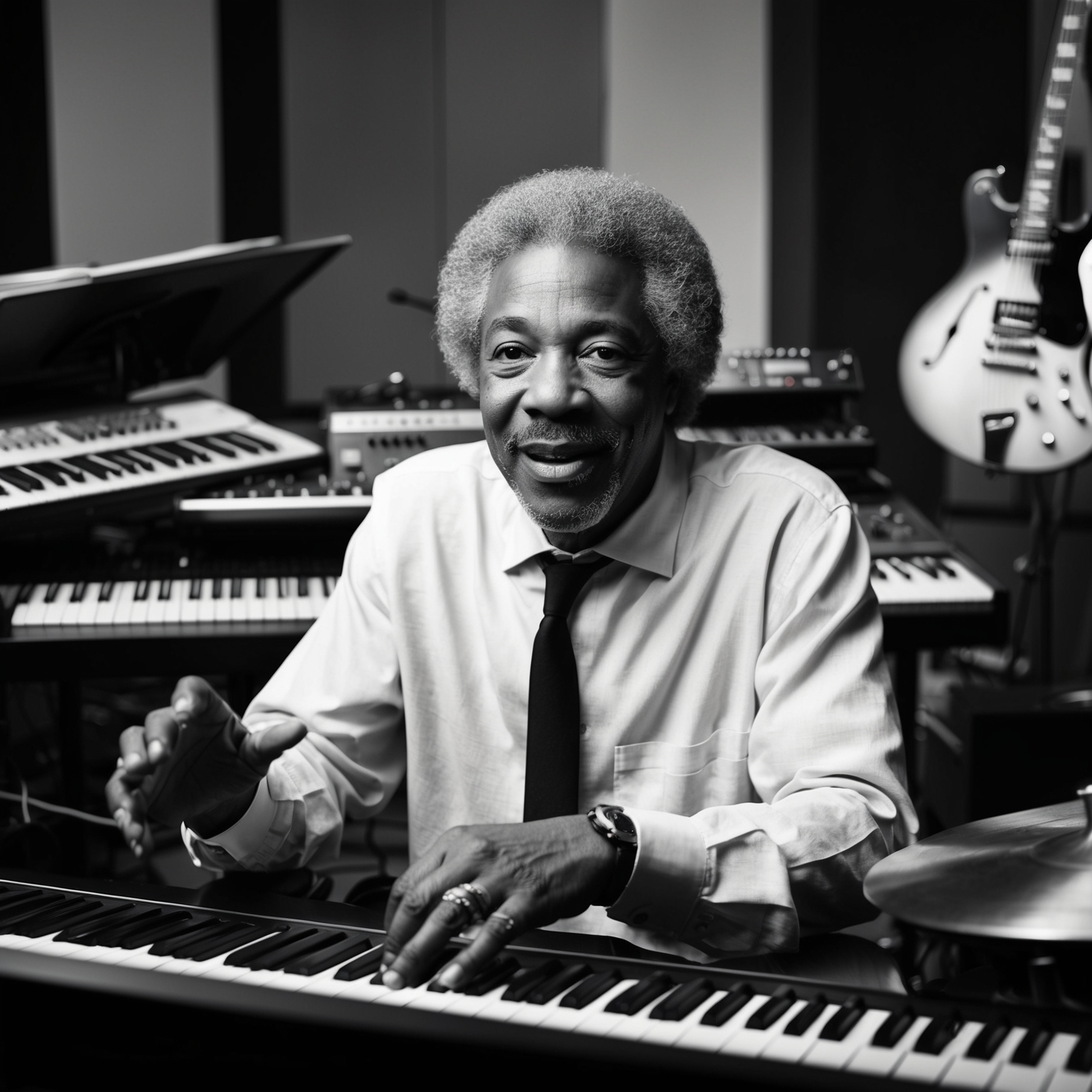 A portrait of Stevie Wonder in the studio, surrounded by various musical instruments, capturing his expression of focus and passion for music, showcasing him as a prolific composer blending jazz, soul, and electronic elements.