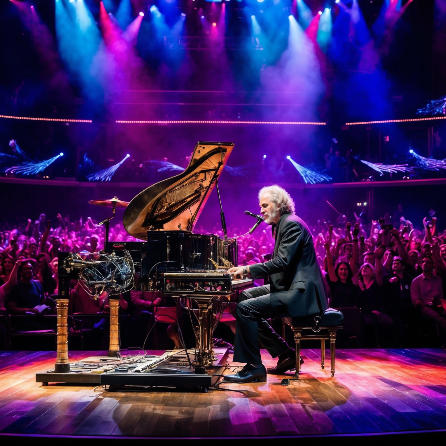 Create an image that represents a vibrant concert stage, with dynamic lighting and an energetic audience, showcasing a famous musician playing an intricate and experimental instrumental piece. Include elements that suggest jazz fusion and musical complexity, capturing the essence of artistic celebration and innovation.